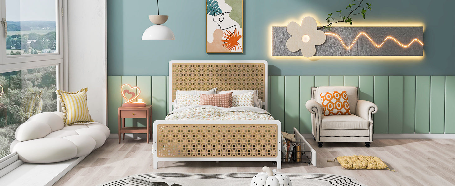 Queen Size Metal Platform Bed With 2 Drawers, White Box Spring Not Required Queen White Bedroom Bed Frame Metal