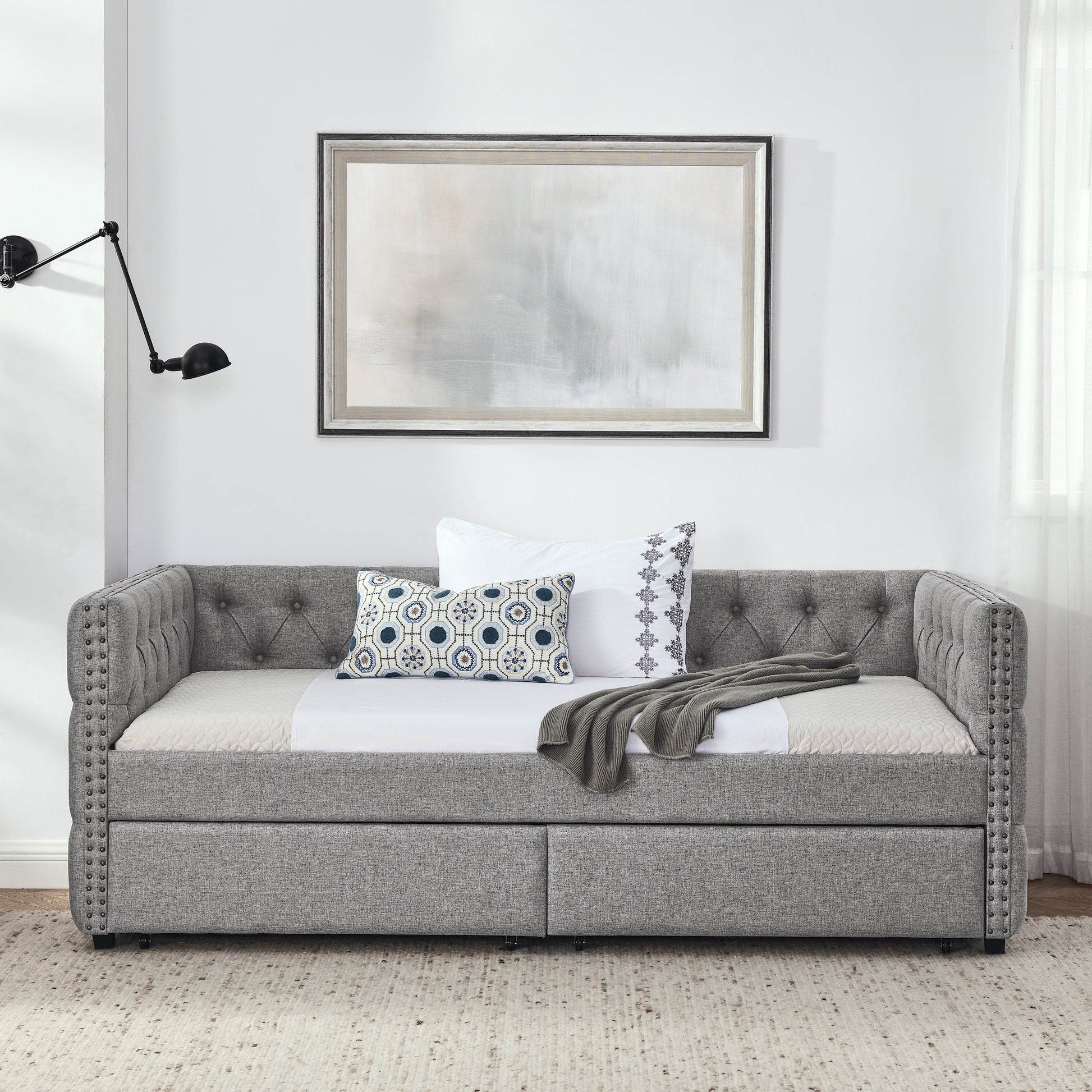 Upholstered Twin Size Daybed With Two Drawers, With Button And Copper Nail On Square Arms, Grey 82.75''X43''X30.75'' Box Spring Not Required Twin Grey Composite Bedroom Classic,Contemporary,Luxury,Modern,Traditional Linen Linen