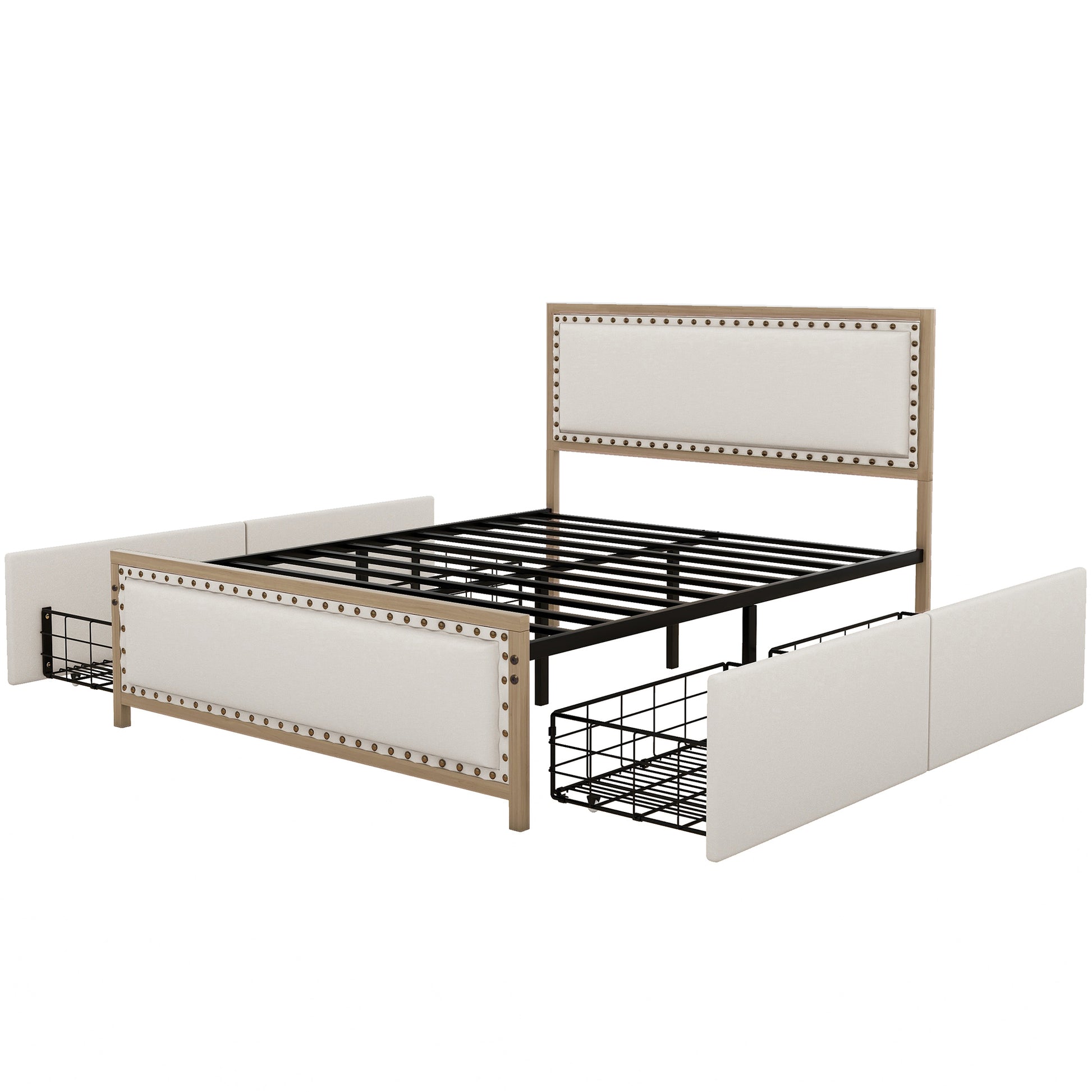 Queen Size Upholstered Platform Bed With Decoration And 4 Drawers, Brown Box Spring Not Required Queen Brown Metal Bedroom Bed Frame Linen Upholstered