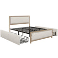 Queen Size Upholstered Platform Bed With Decoration And 4 Drawers, Brown Box Spring Not Required Queen Brown Metal Bedroom Bed Frame Linen Upholstered
