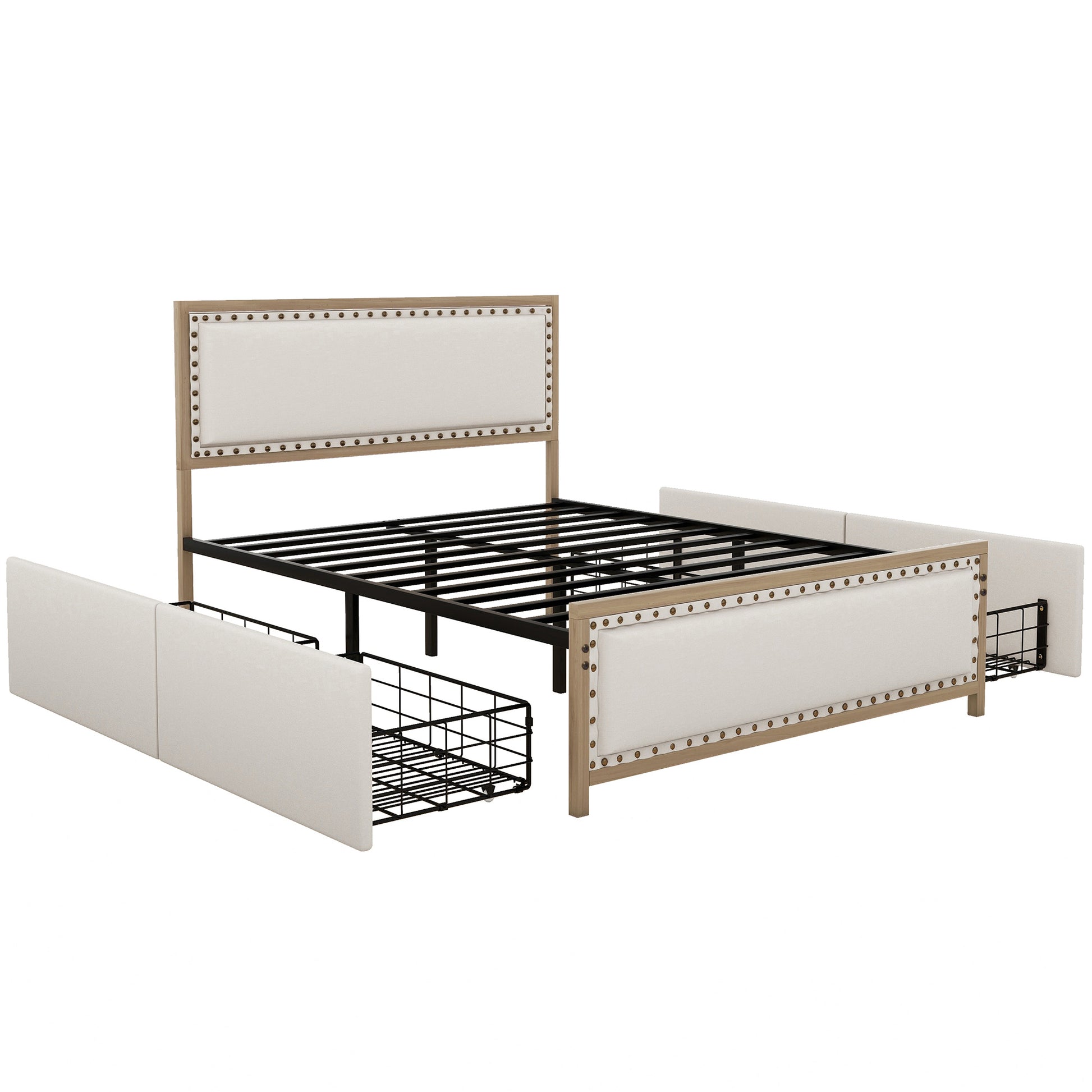 Queen Size Upholstered Platform Bed With Decoration And 4 Drawers, Brown Box Spring Not Required Queen Brown Metal Bedroom Bed Frame Linen Upholstered