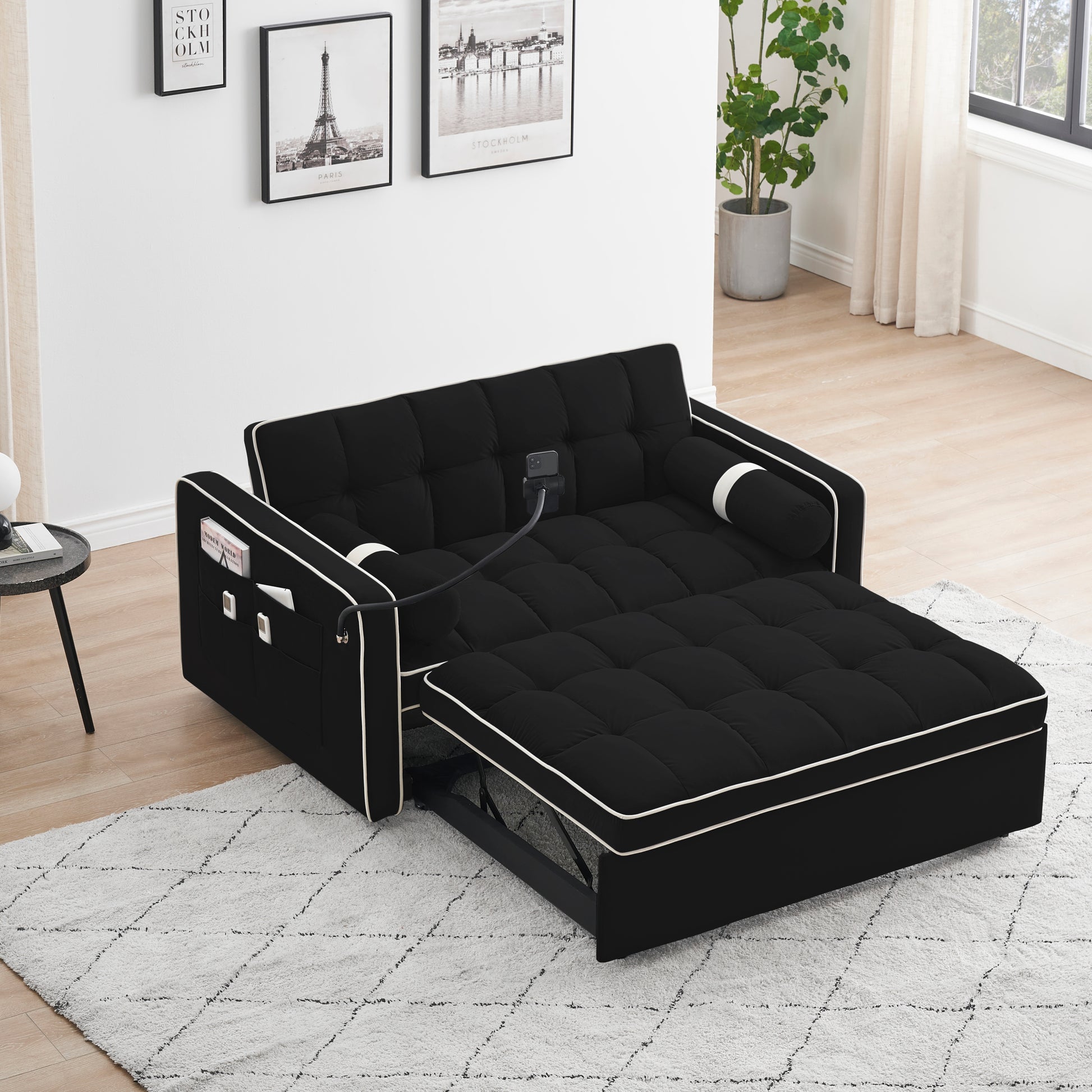 Sleeper Sofa Couch W Pull Out Bed, 55" Modern Velvet Convertible Sleeper Sofa Bed, Small Beautiful Seat Sofa Bed W Pillows & Side Pockets For Small Space, Living Room, Apartment,Black Black Velvet 2 Seat