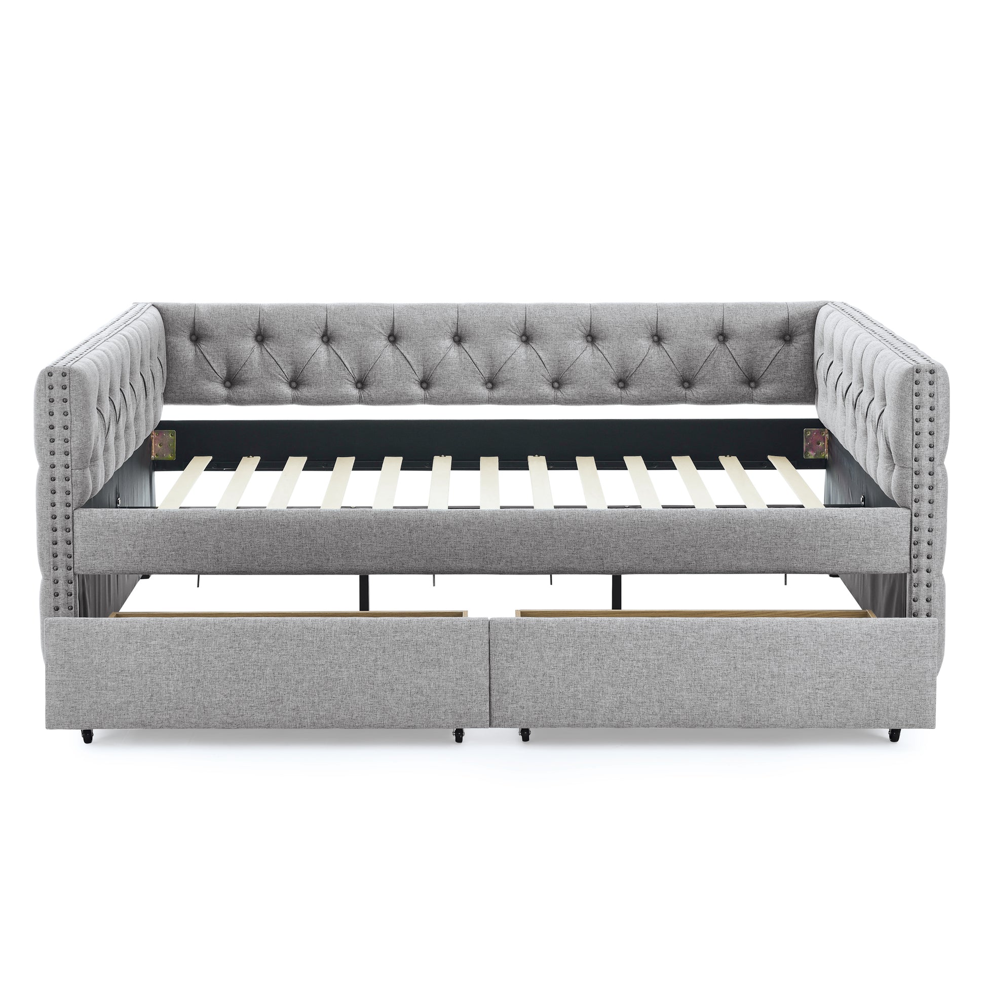 Upholstered Full Size Daybed With Two Drawers, With Button And Copper Nail On Square Arms, Grey 82.75''X58''X30.75'' Box Spring Not Required Full Grey Composite Bedroom Classic,Contemporary,Luxury,Modern,Traditional Linen Linen