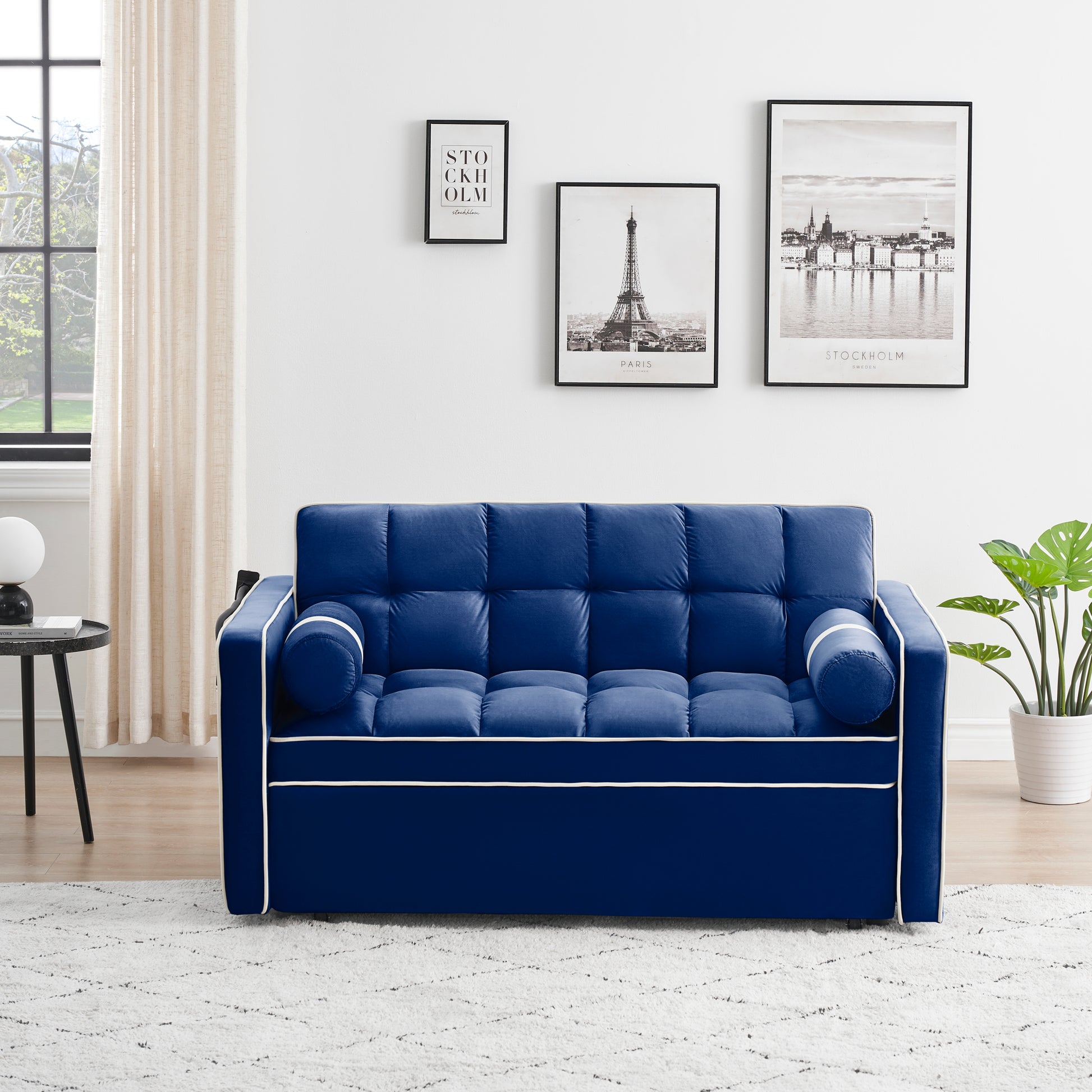 Sleeper Sofa Couch W Pull Out Bed, 55" Modern Velvet Convertible Sleeper Sofa Bed, Small Beautiful Seat Sofa Bed W Pillows & Side Pockets For Small Space, Living Room, Apartment,Blue Blue Velvet 2 Seat