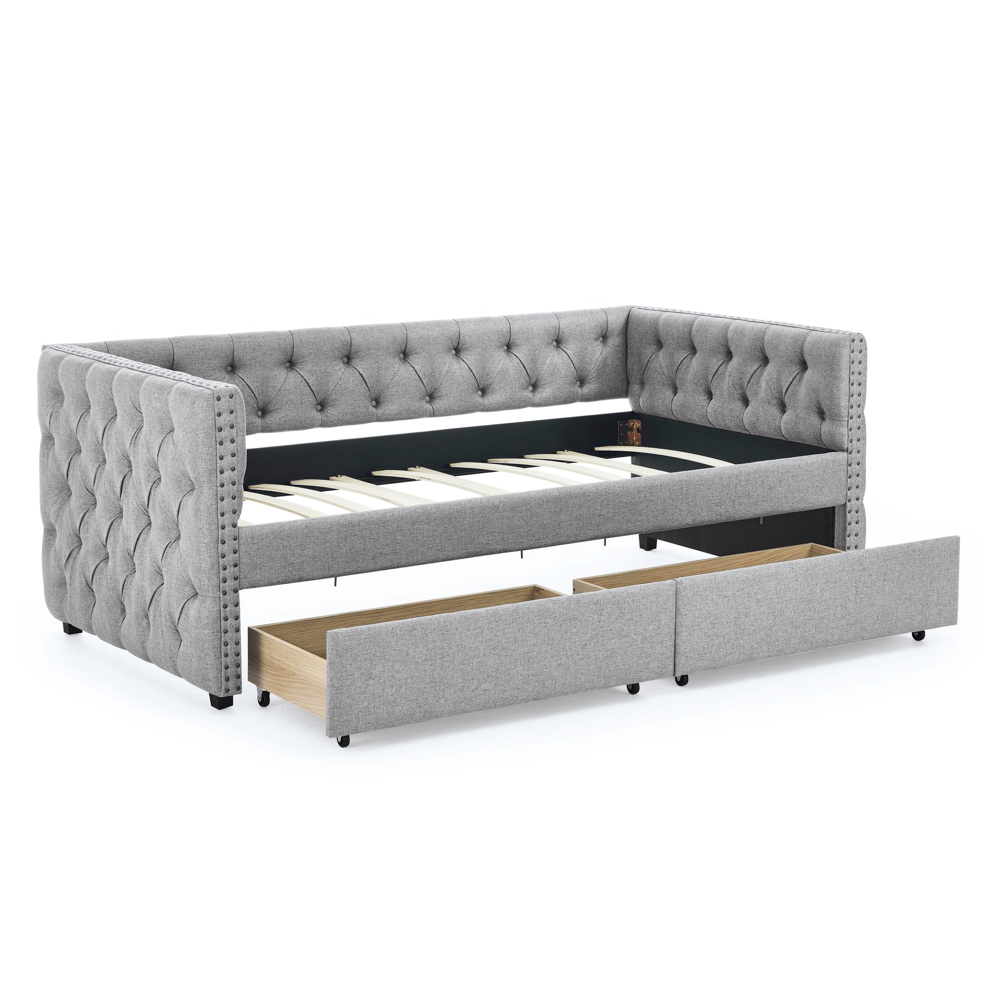 Upholstered Twin Size Daybed With Two Drawers, With Button And Copper Nail On Square Arms, Grey 82.75''X43''X30.75'' Box Spring Not Required Twin Grey Composite Bedroom Classic,Contemporary,Luxury,Modern,Traditional Linen Linen