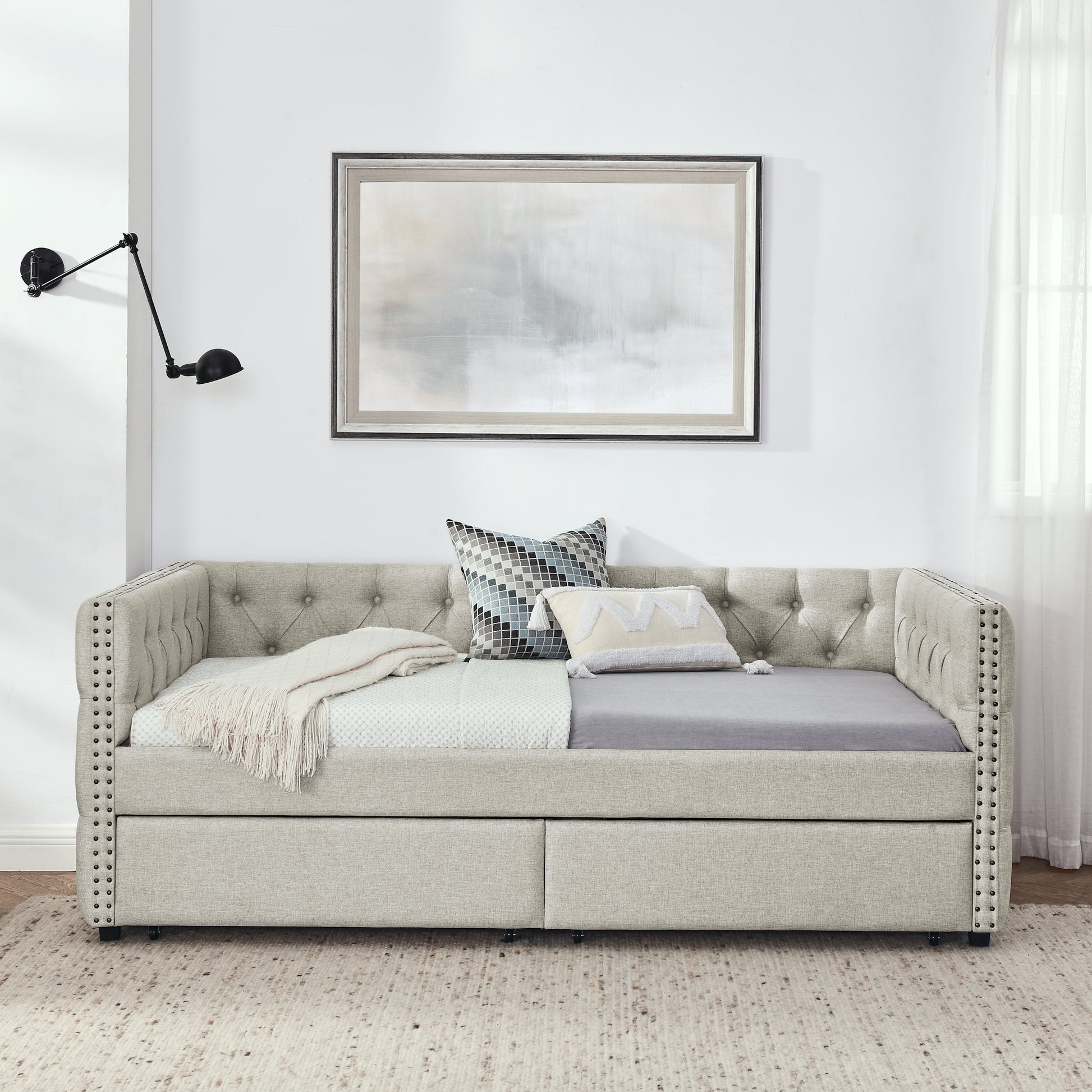 Upholstered Twin Size Daybed With Two Drawers, With Button And Copper Nail On Square Arms, Beige 82.75''X43''X30.75'' Box Spring Not Required Twin Beige Composite Bedroom Classic,Contemporary,Luxury,Modern,Traditional Linen Linen