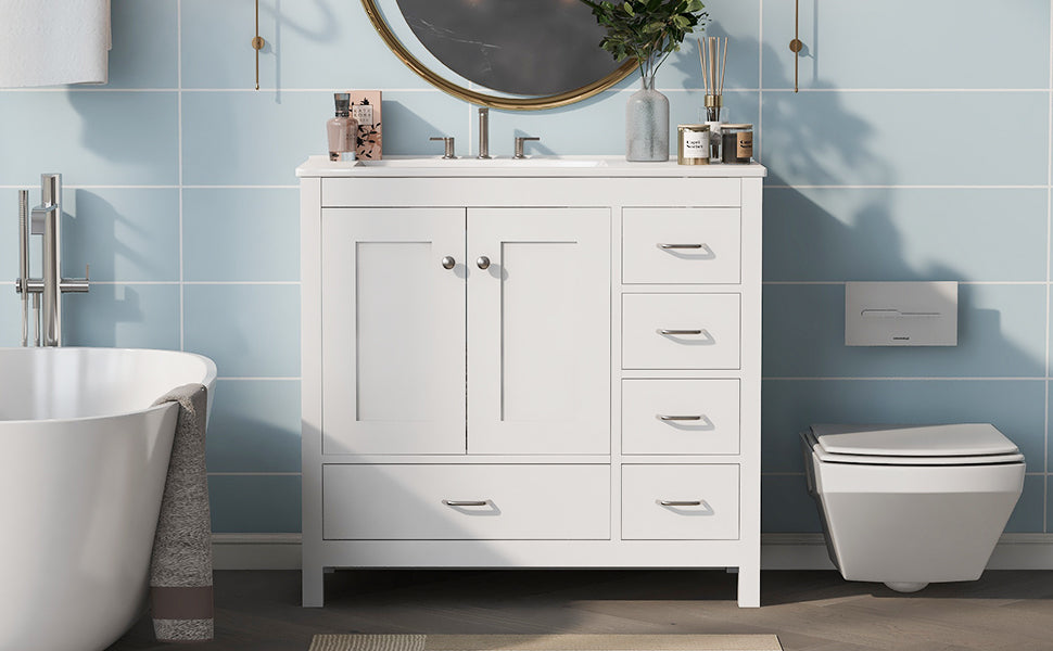 36" White Bathroom Vanity With Ceramic Sink Combo, Abundant Storage Cabinet 2 Soft Close Doors And 5 Drawers White Bathroom Solid Wood Mdf