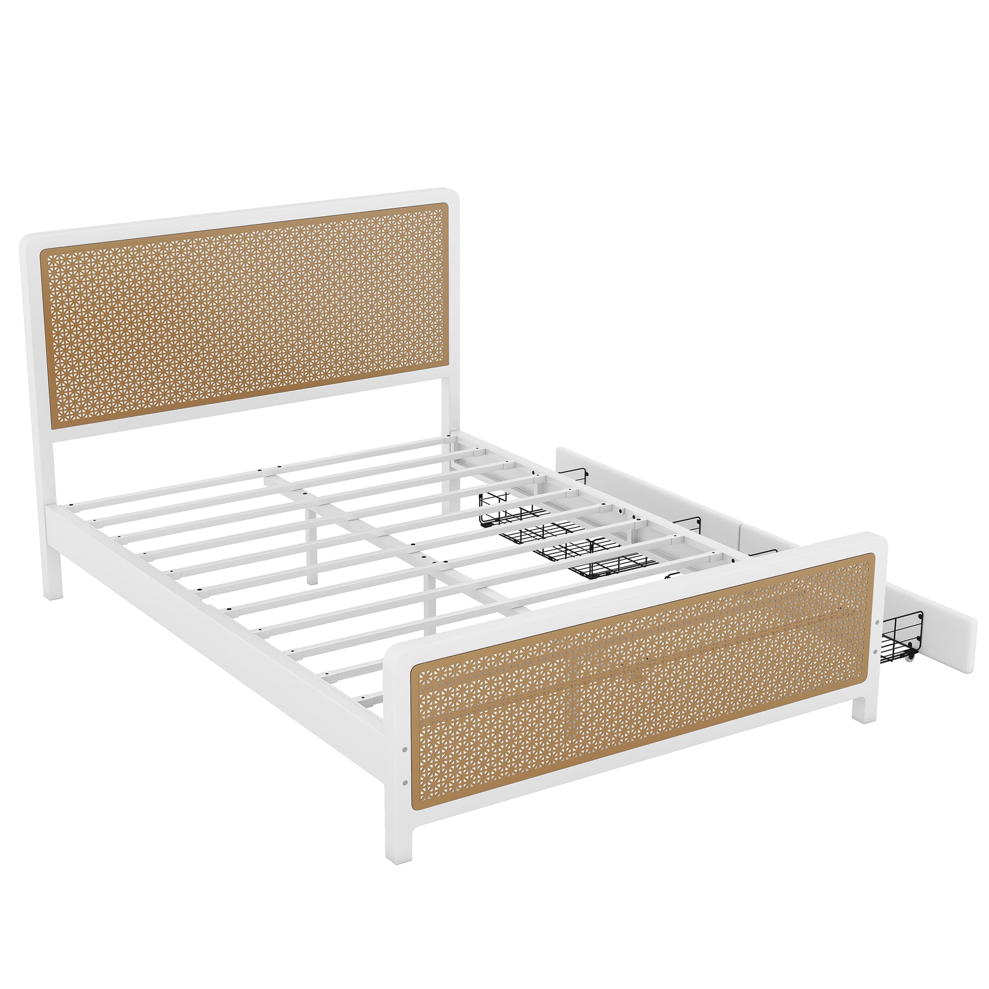 Queen Size Metal Platform Bed With 2 Drawers, White Box Spring Not Required Queen White Bedroom Bed Frame Metal