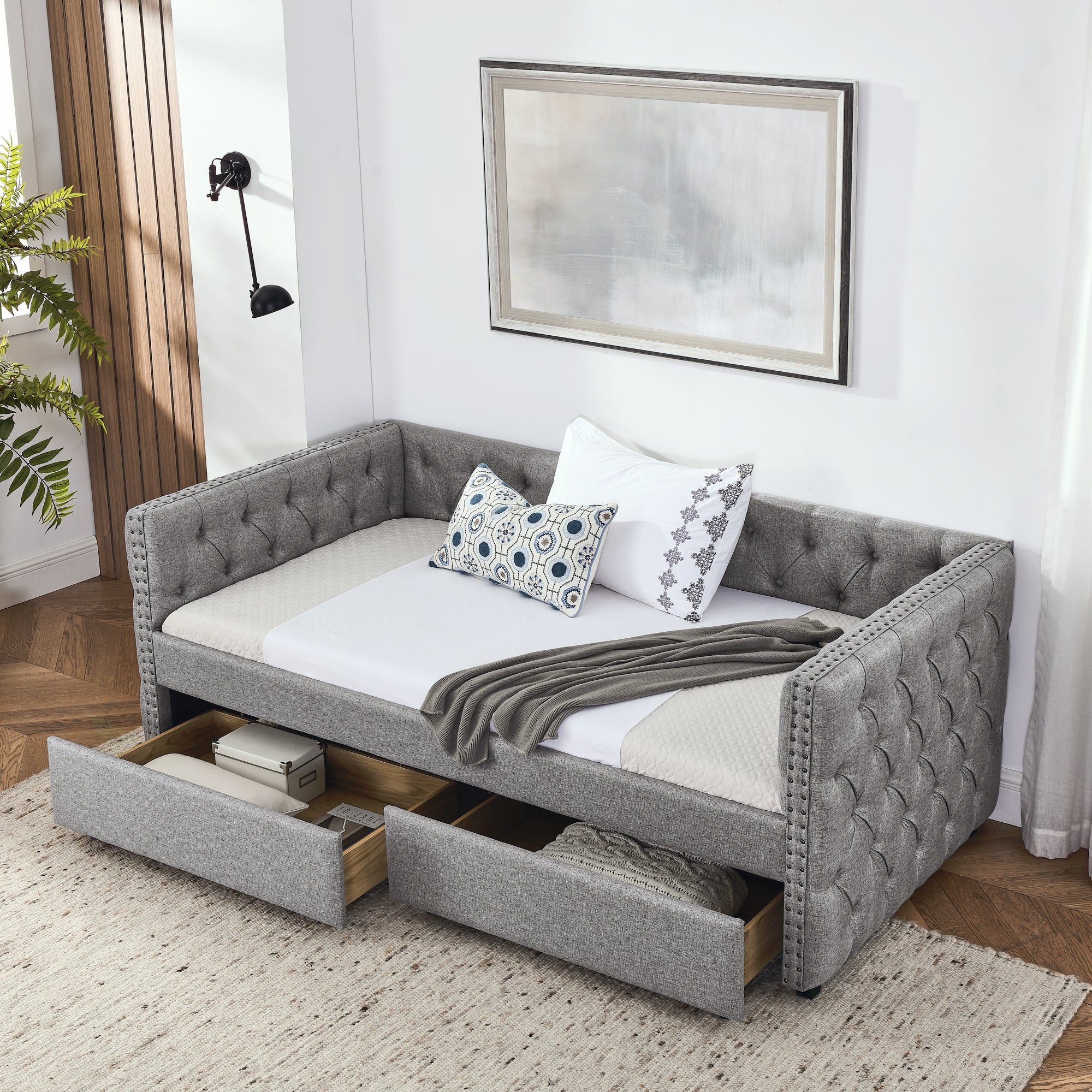 Upholstered Twin Size Daybed With Two Drawers, With Button And Copper Nail On Square Arms, Grey 82.75''X43''X30.75'' Box Spring Not Required Twin Grey Composite Bedroom Classic,Contemporary,Luxury,Modern,Traditional Linen Linen
