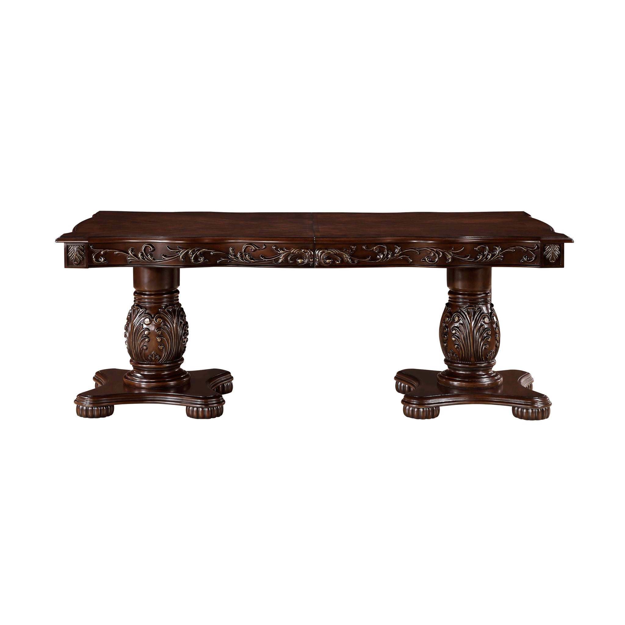 Traditional Style Dining Table With Extension Leaves Cherry Finish With Gold Tipping Double Pedestal Base Wooden Dining Furniture Cherry Dining Room American Traditional,Ornate Traditional,Traditional Kitchen & Dining Tables Wood Pedestal