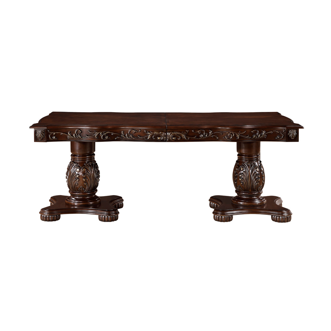 Traditional Style Dining Table With Extension Leaves Cherry Finish With Gold Tipping Double Pedestal Base Wooden Dining Furniture Cherry Dining Room American Traditional,Ornate Traditional,Traditional Kitchen & Dining Tables Wood Pedestal