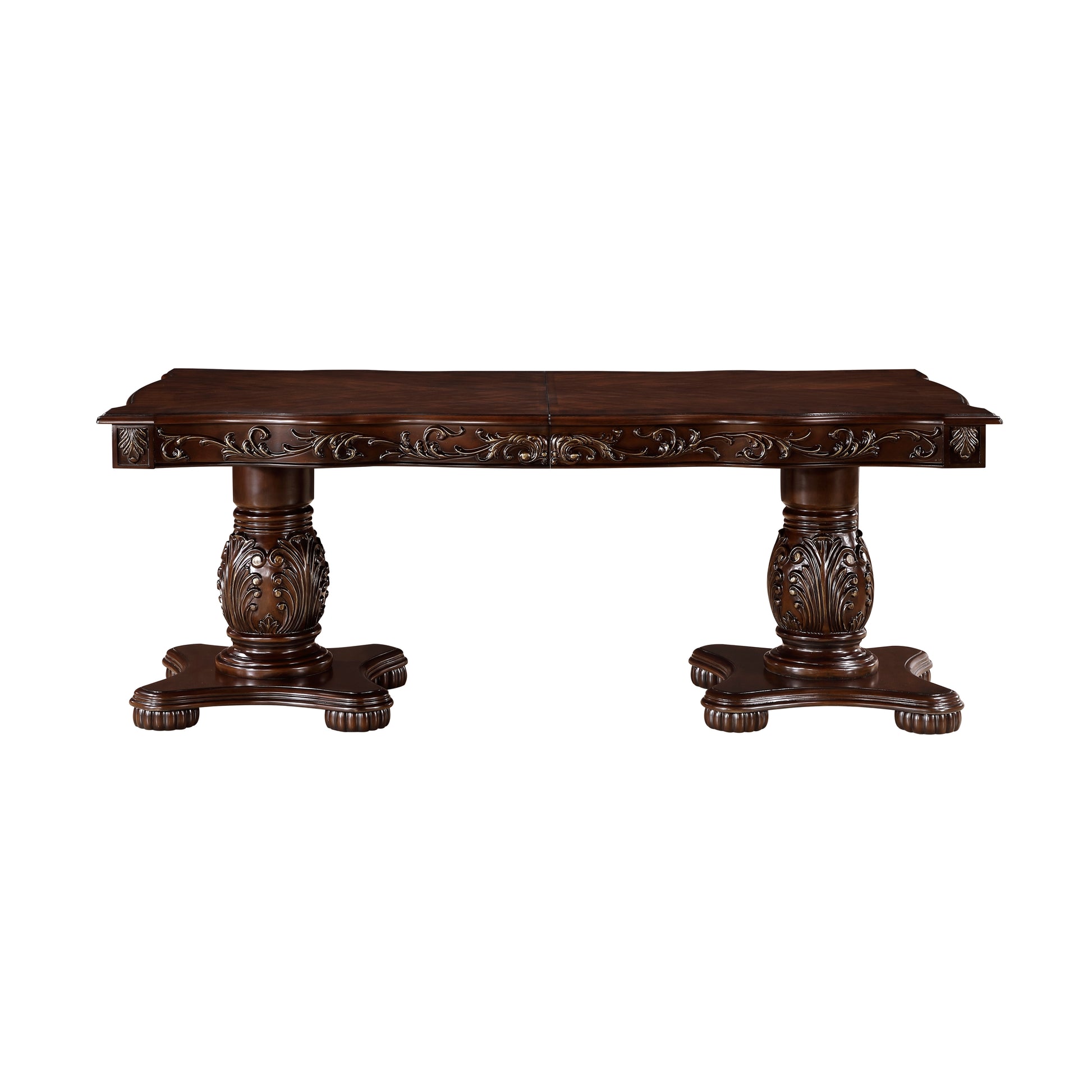 Traditional Style Dining Table With Extension Leaves Cherry Finish With Gold Tipping Double Pedestal Base Wooden Dining Furniture Cherry Dining Room American Traditional,Ornate Traditional,Traditional Kitchen & Dining Tables Wood Pedestal