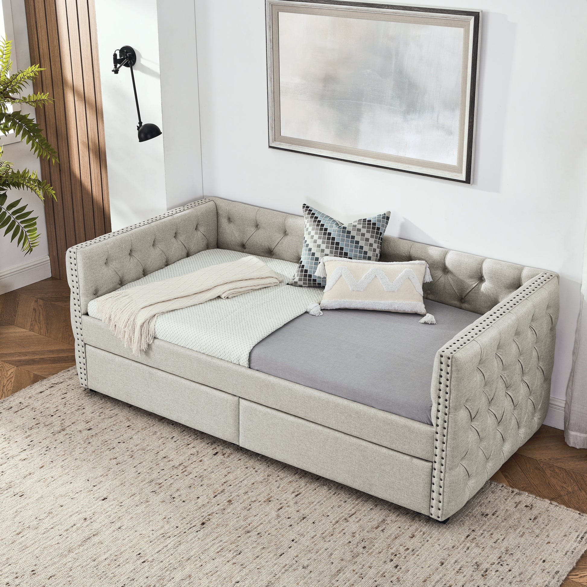Upholstered Twin Size Daybed With Two Drawers, With Button And Copper Nail On Square Arms, Beige 82.75''X43''X30.75'' Box Spring Not Required Twin Beige Composite Bedroom Classic,Contemporary,Luxury,Modern,Traditional Linen Linen