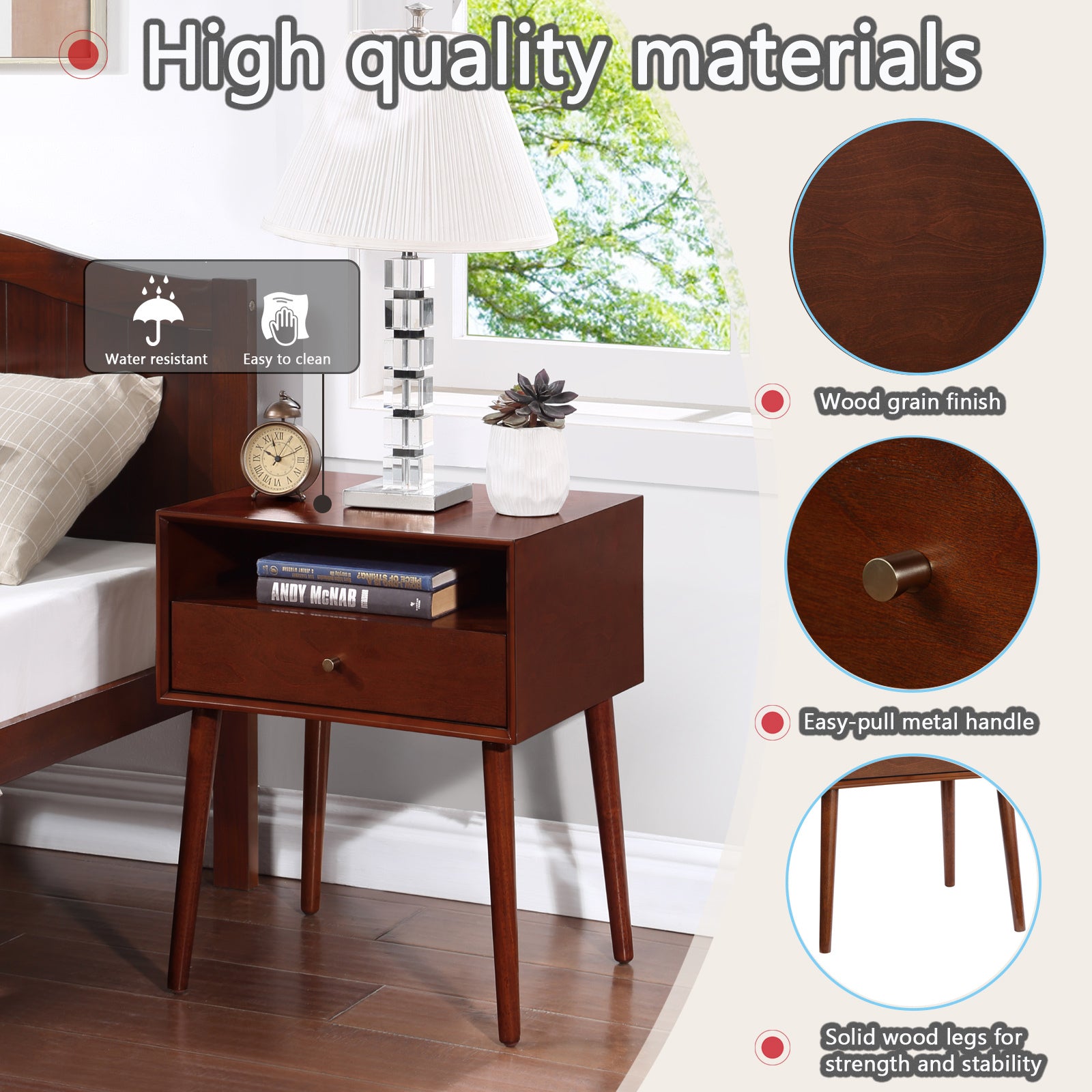 Wood Nightstand With 1 Drawer, Bedside Table With Open Storage Shelf And Solid Wood Legs, Bed Side Table For Bedroom, End Tables For Living Room,Small Side End Table With Storage, Dark Walnut Walnut 1 Drawer Rubber Wood