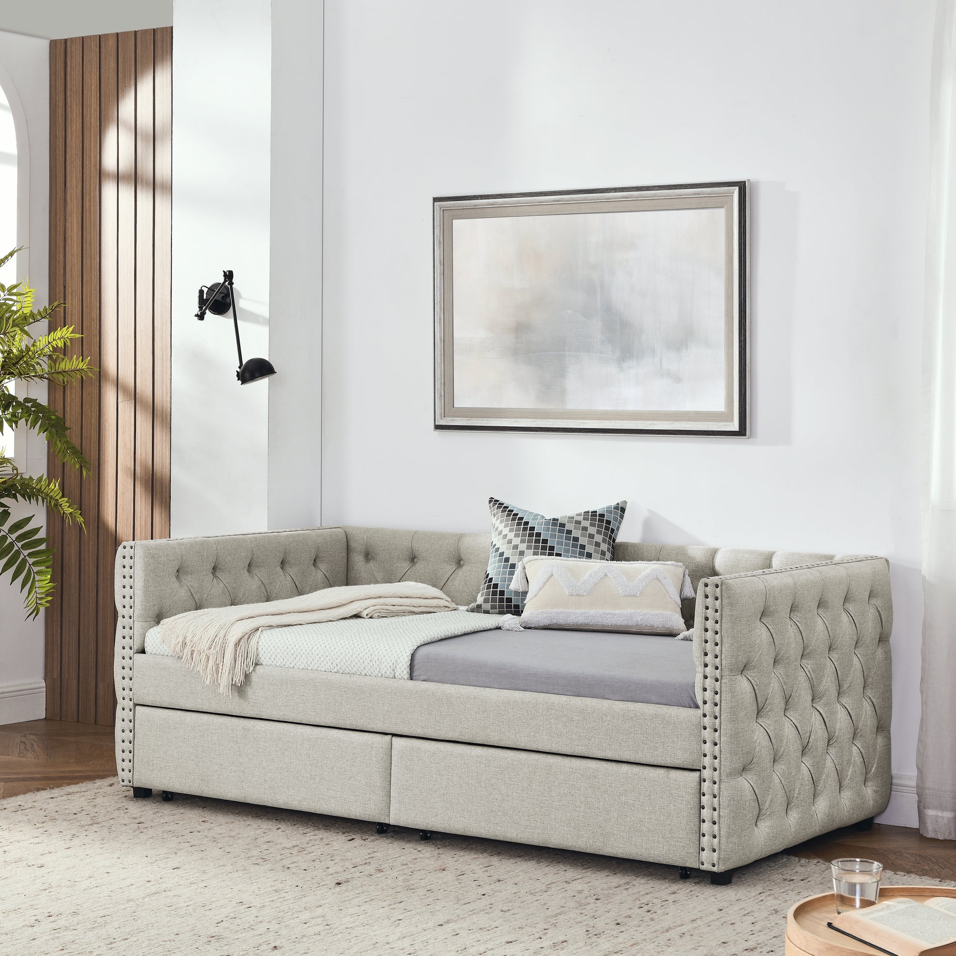 Upholstered Twin Size Daybed With Two Drawers, With Button And Copper Nail On Square Arms, Beige 82.75''X43''X30.75'' Box Spring Not Required Twin Beige Composite Bedroom Classic,Contemporary,Luxury,Modern,Traditional Linen Linen