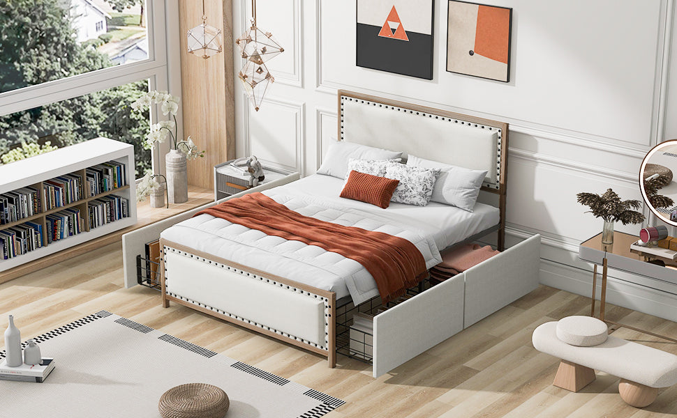 Queen Size Upholstered Platform Bed With Decoration And 4 Drawers, Brown Box Spring Not Required Queen Brown Metal Bedroom Bed Frame Linen Upholstered