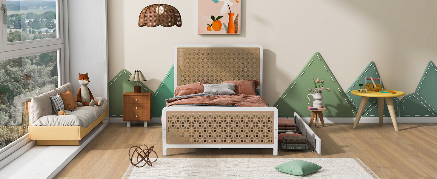 Full Size Metal Platform Bed With 2 Drawers, White Box Spring Not Required Full White Bedroom Bed Frame Metal