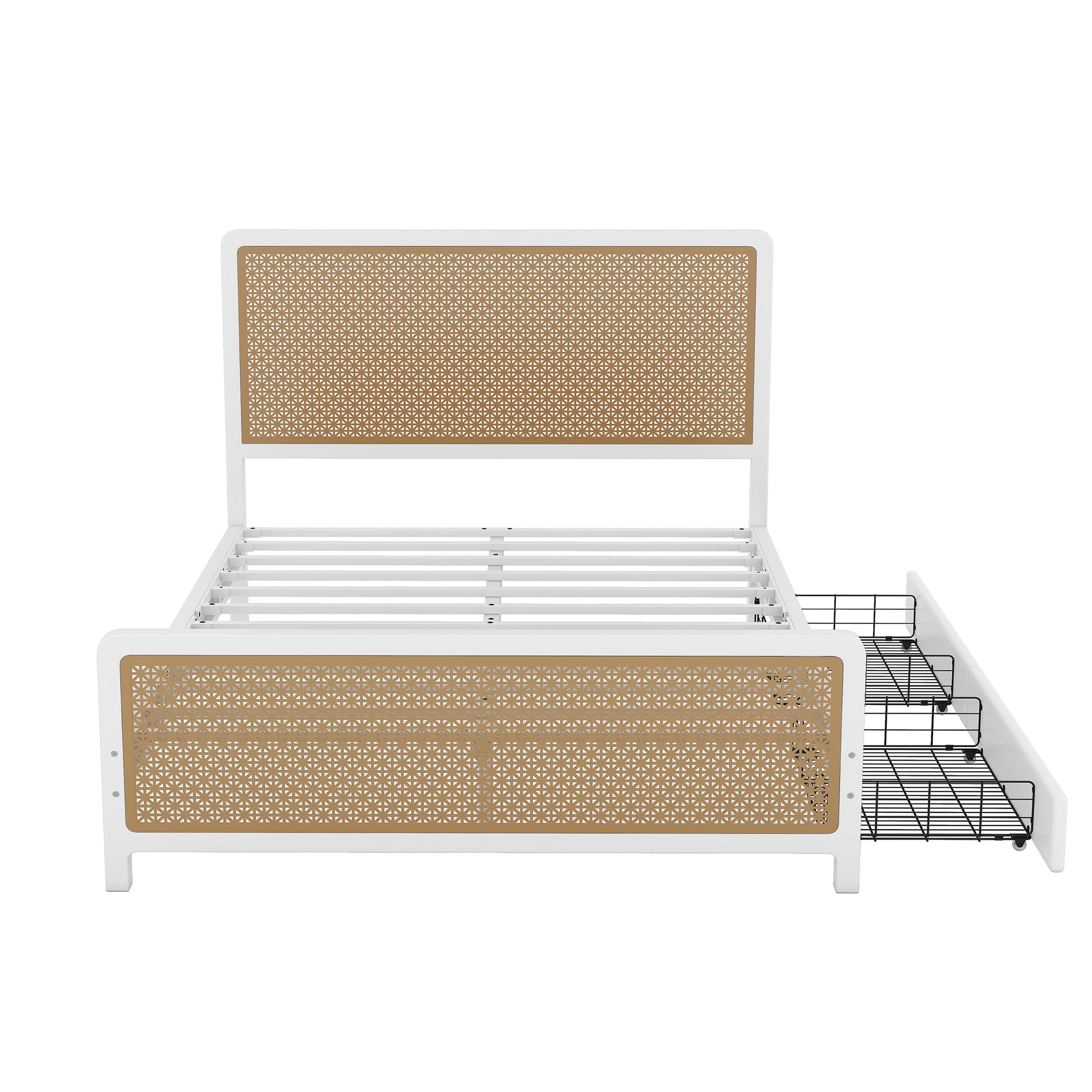 Queen Size Metal Platform Bed With 2 Drawers, White Box Spring Not Required Queen White Bedroom Bed Frame Metal