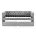 Upholstered Twin Size Daybed With Two Drawers, With Button And Copper Nail On Square Arms, Grey 82.75''X43''X30.75'' Box Spring Not Required Twin Grey Composite Bedroom Classic,Contemporary,Luxury,Modern,Traditional Linen Linen