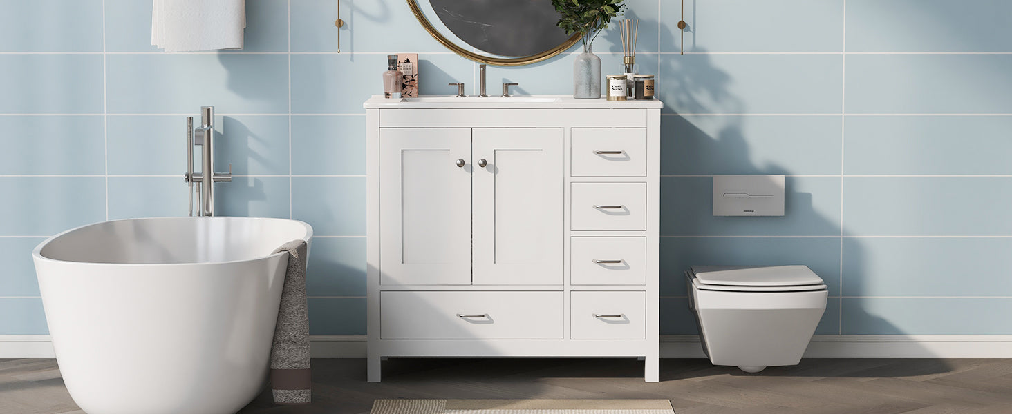 36" White Bathroom Vanity With Ceramic Sink Combo, Abundant Storage Cabinet 2 Soft Close Doors And 5 Drawers White Bathroom Solid Wood Mdf