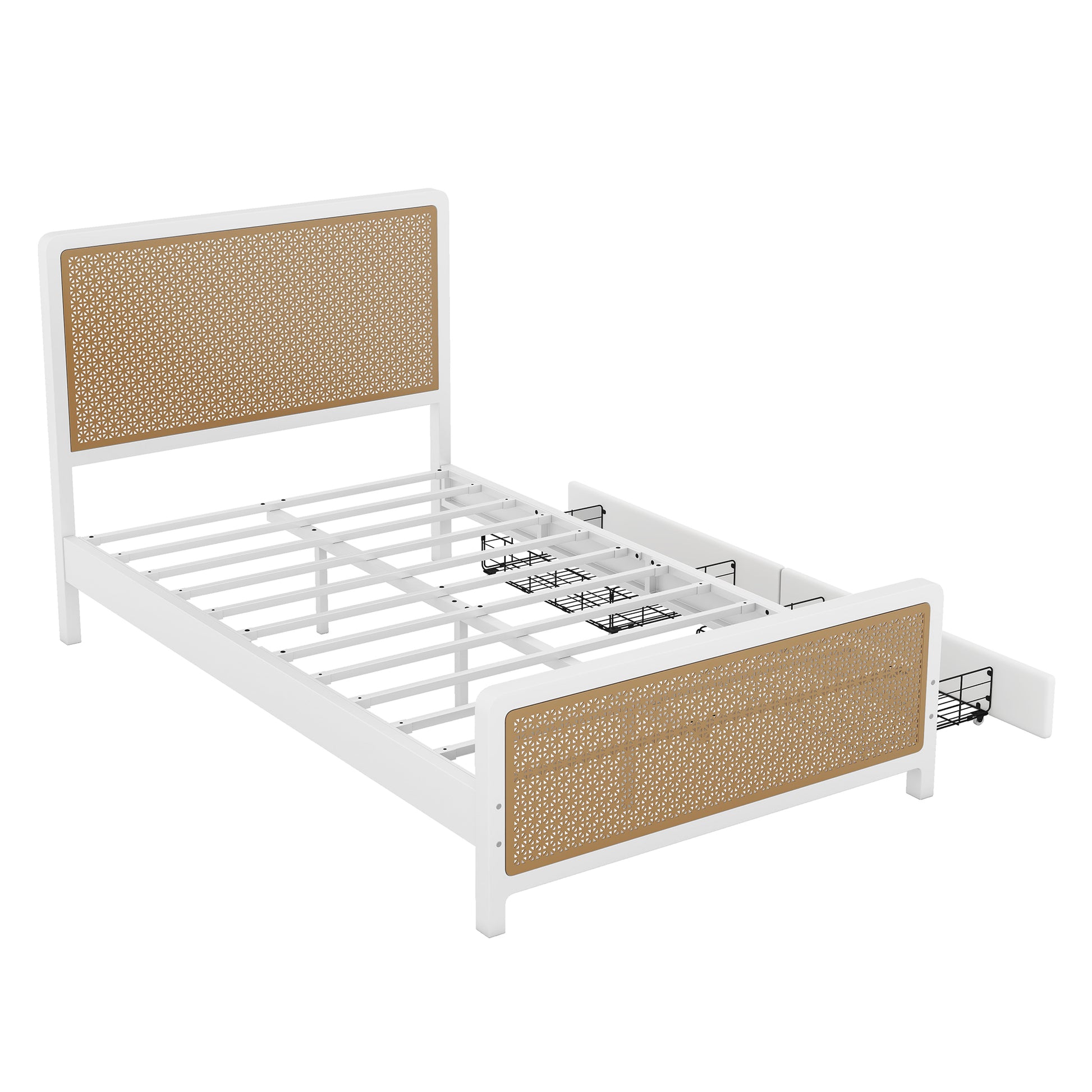 Full Size Metal Platform Bed With 2 Drawers, White Box Spring Not Required Full White Bedroom Bed Frame Metal
