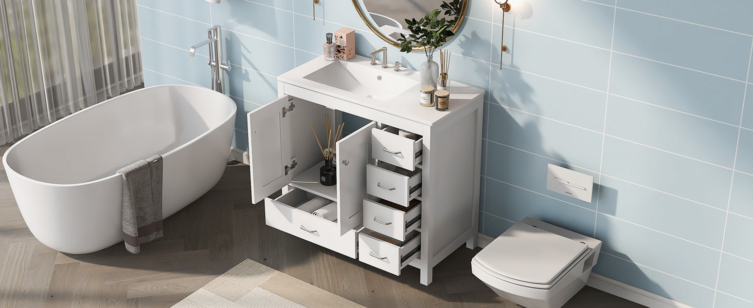 36" White Bathroom Vanity With Ceramic Sink Combo, Abundant Storage Cabinet 2 Soft Close Doors And 5 Drawers White Bathroom Solid Wood Mdf