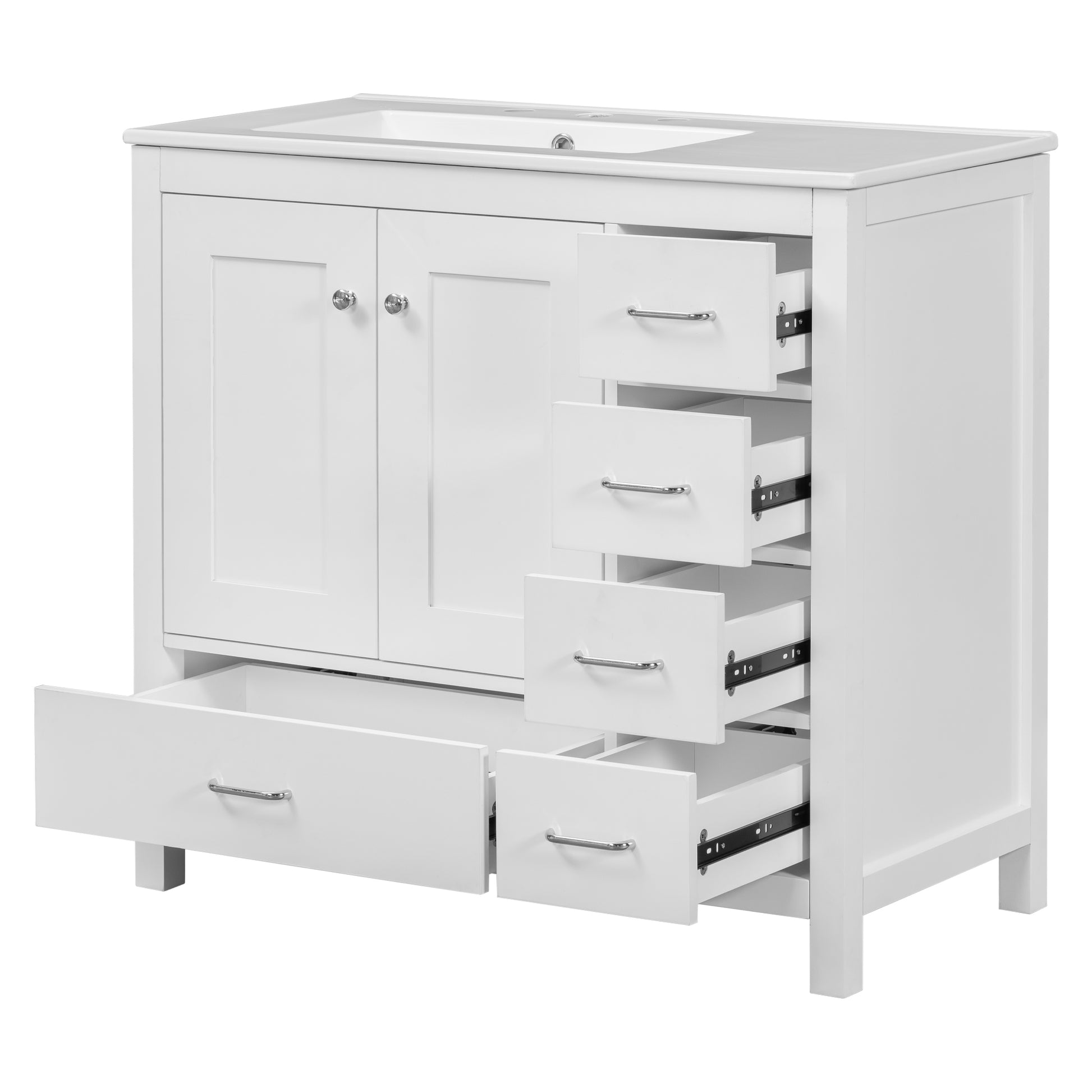 36" White Bathroom Vanity With Ceramic Sink Combo, Abundant Storage Cabinet 2 Soft Close Doors And 5 Drawers White Bathroom Solid Wood Mdf