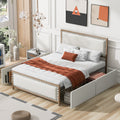 Queen Size Upholstered Platform Bed With Decoration And 4 Drawers, Brown Box Spring Not Required Queen Brown Metal Bedroom Bed Frame Linen Upholstered