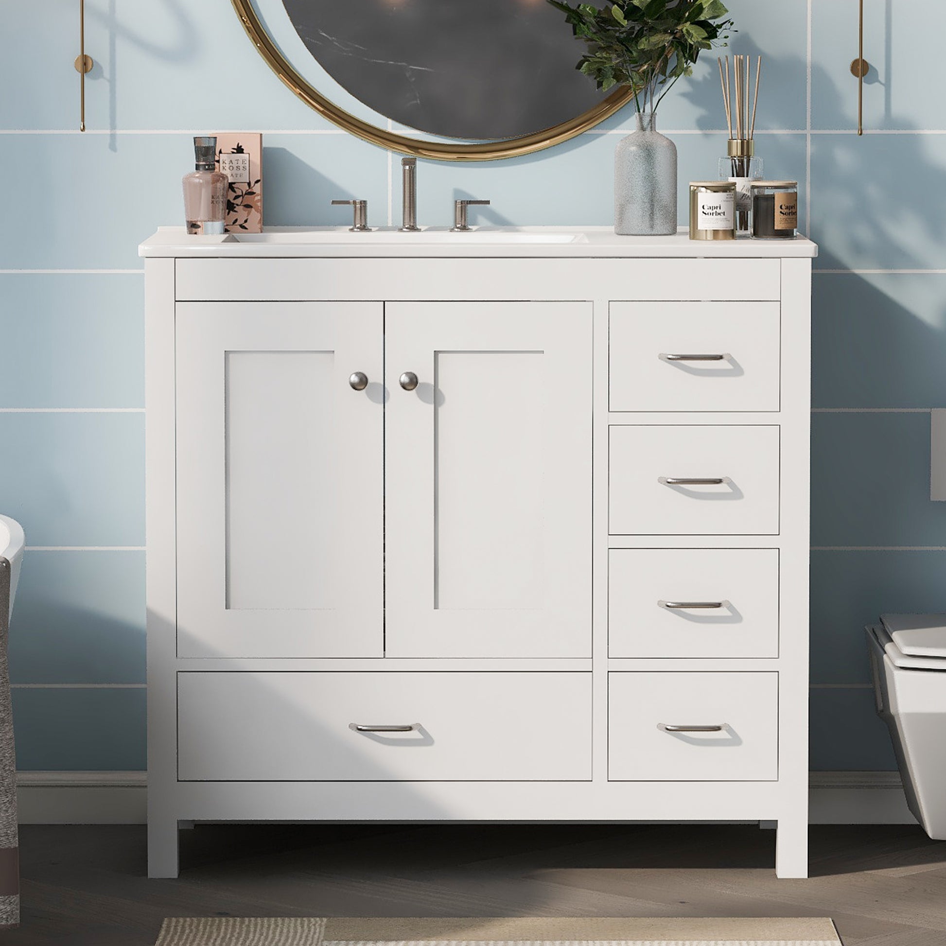 36" White Bathroom Vanity With Ceramic Sink Combo, Abundant Storage Cabinet 2 Soft Close Doors And 5 Drawers White Bathroom Solid Wood Mdf