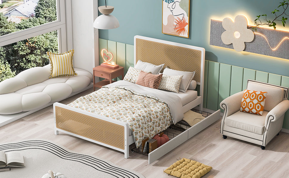 Queen Size Metal Platform Bed With 2 Drawers, White Box Spring Not Required Queen White Bedroom Bed Frame Metal