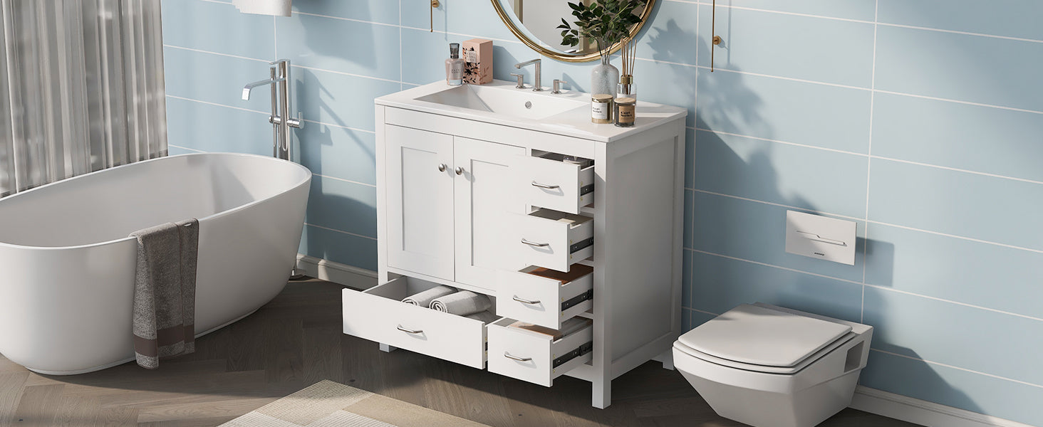 36" White Bathroom Vanity With Ceramic Sink Combo, Abundant Storage Cabinet 2 Soft Close Doors And 5 Drawers White Bathroom Solid Wood Mdf