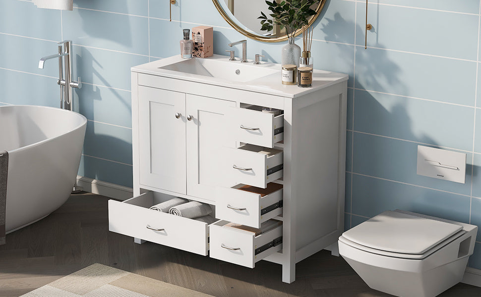 36" White Bathroom Vanity With Ceramic Sink Combo, Abundant Storage Cabinet 2 Soft Close Doors And 5 Drawers White Bathroom Solid Wood Mdf
