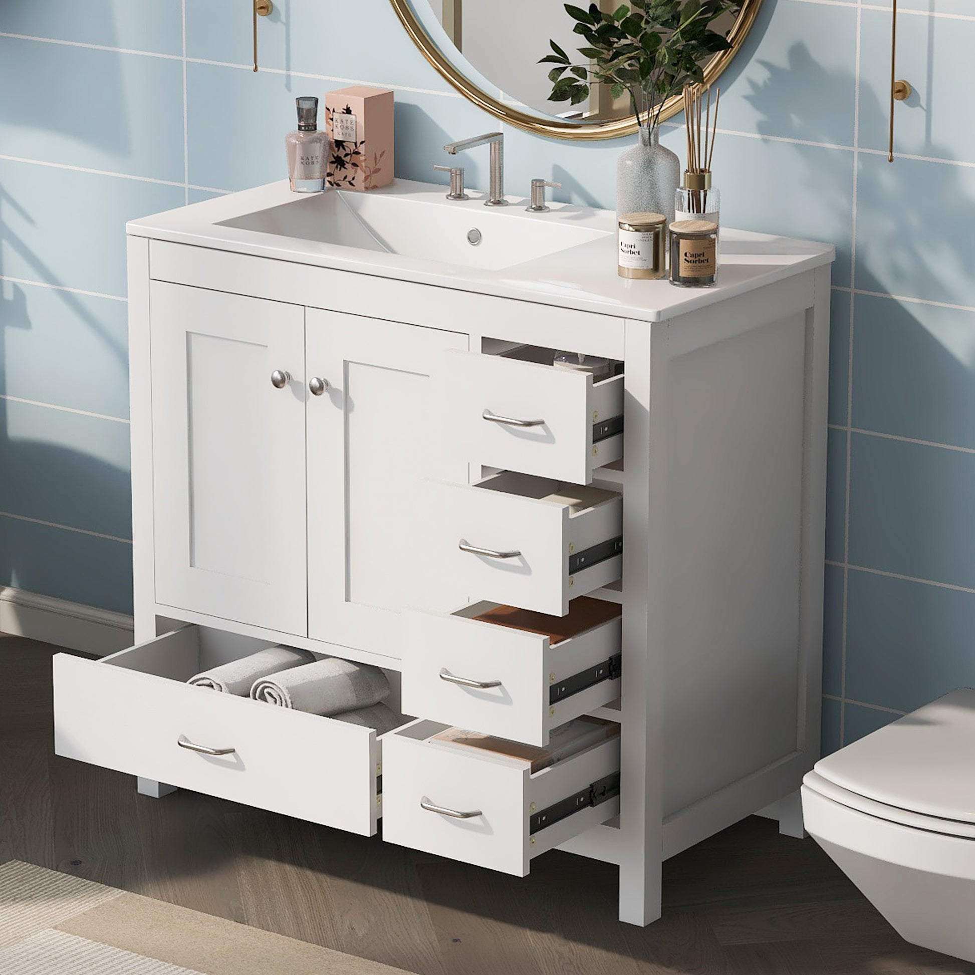 36" White Bathroom Vanity With Ceramic Sink Combo, Abundant Storage Cabinet 2 Soft Close Doors And 5 Drawers White Bathroom Solid Wood Mdf