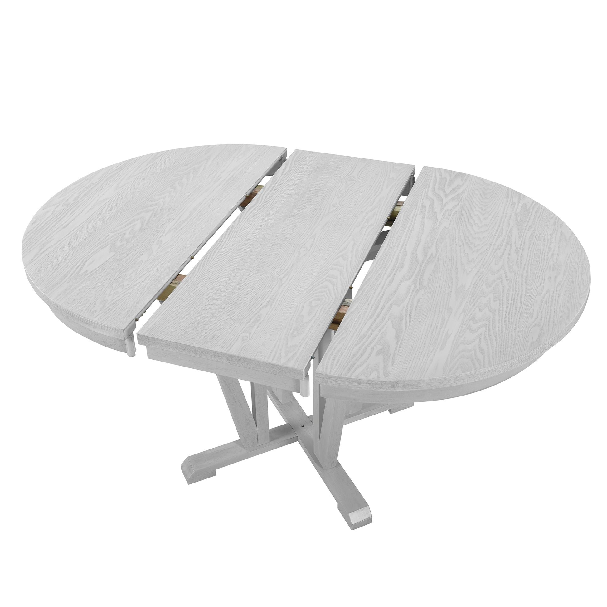 Rustic 5 Piece Extendable Dining Table Set Round Trestle Table And 4 Cross Back Dining Chairs For Kitchen, Dining Room, Gray Gray Wood Dining Room Solid Wood Rubberwood Round Dining Table With Chair Wood Wood Gray Solid Back Seats 4 Removable Leaf