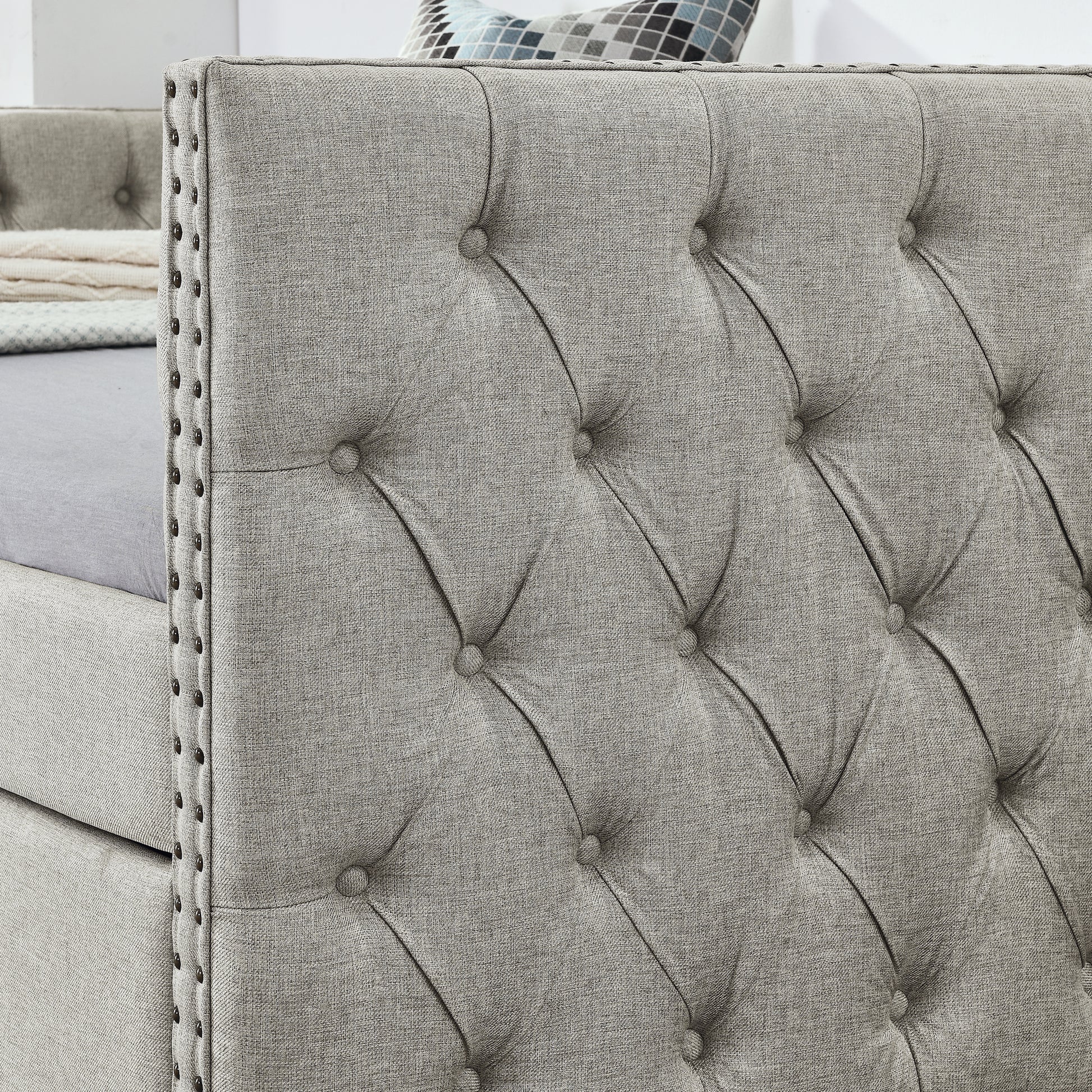 Upholstered Twin Size Daybed With Two Drawers, With Button And Copper Nail On Square Arms, Beige 82.75''X43''X30.75'' Box Spring Not Required Twin Beige Composite Bedroom Classic,Contemporary,Luxury,Modern,Traditional Linen Linen