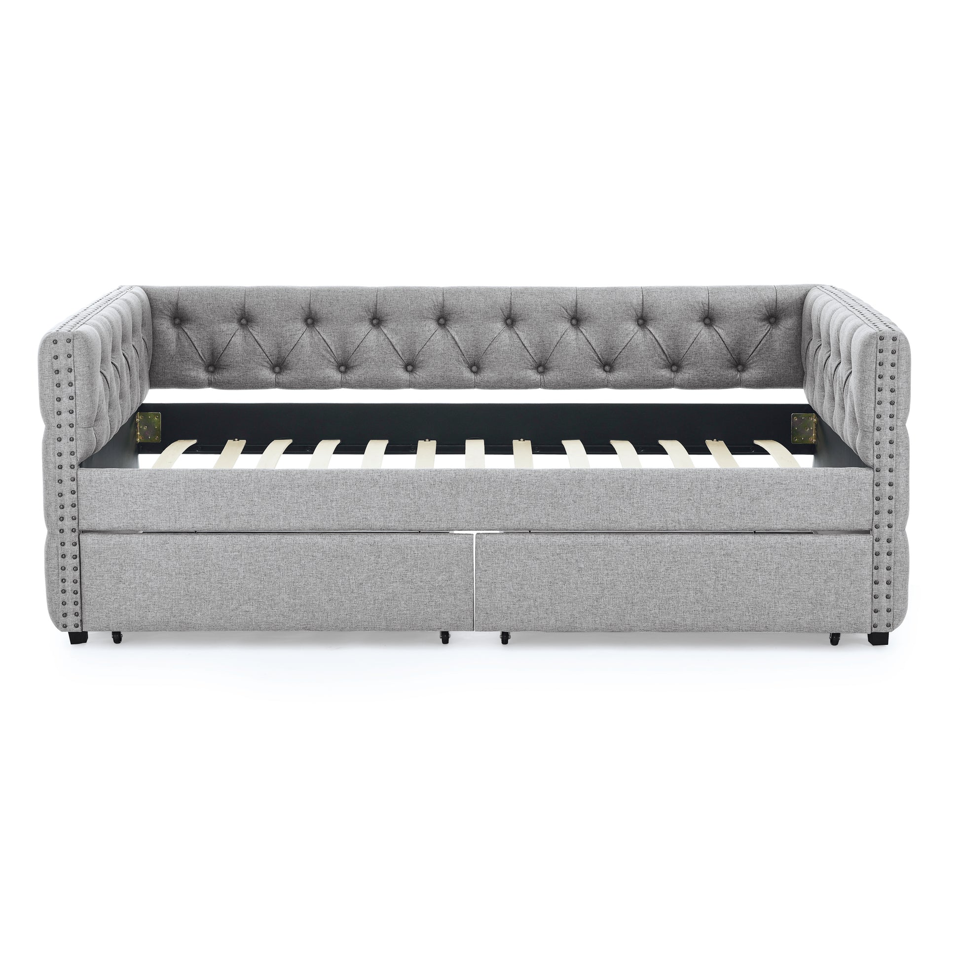 Upholstered Twin Size Daybed With Two Drawers, With Button And Copper Nail On Square Arms, Grey 82.75''X43''X30.75'' Box Spring Not Required Twin Grey Composite Bedroom Classic,Contemporary,Luxury,Modern,Traditional Linen Linen