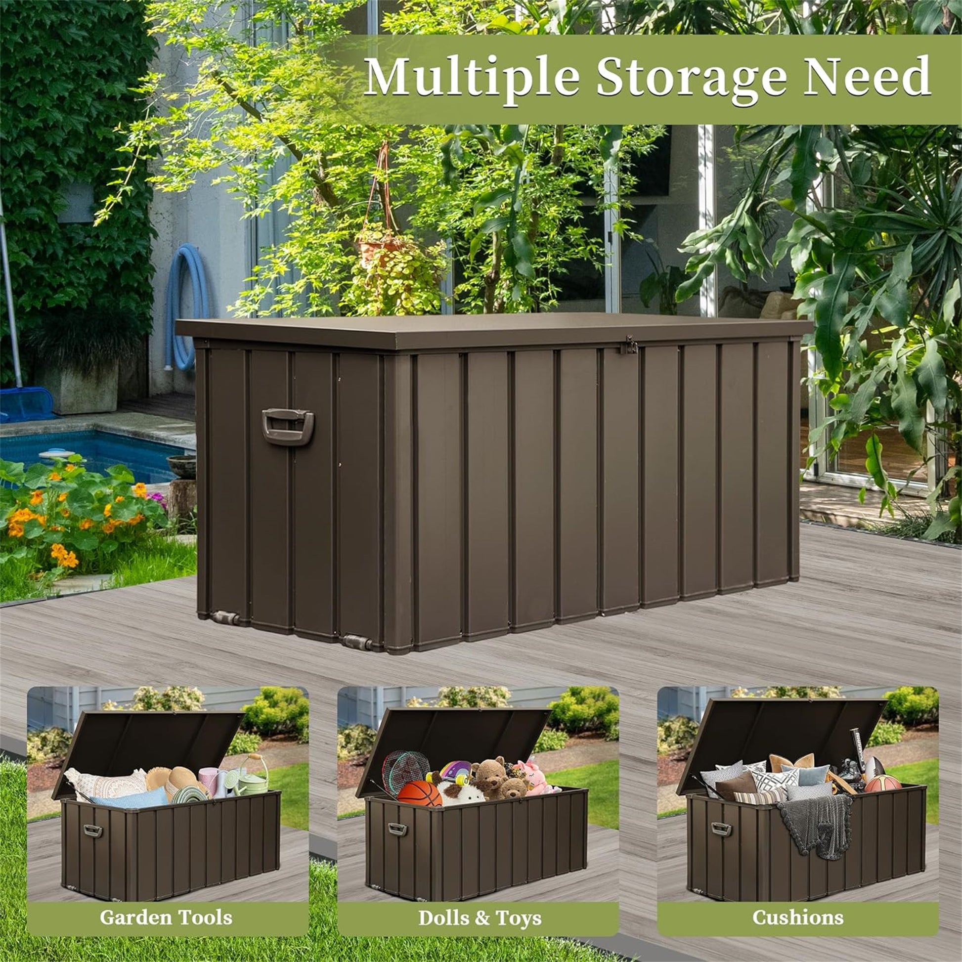 160 Gallon Outdoor Storage Deck Box Waterproof, Large Patio Storage Bin For Outside Cushions, Throw Pillows, Garden Tools, Lockable Dark Brown Dark Brown Steel