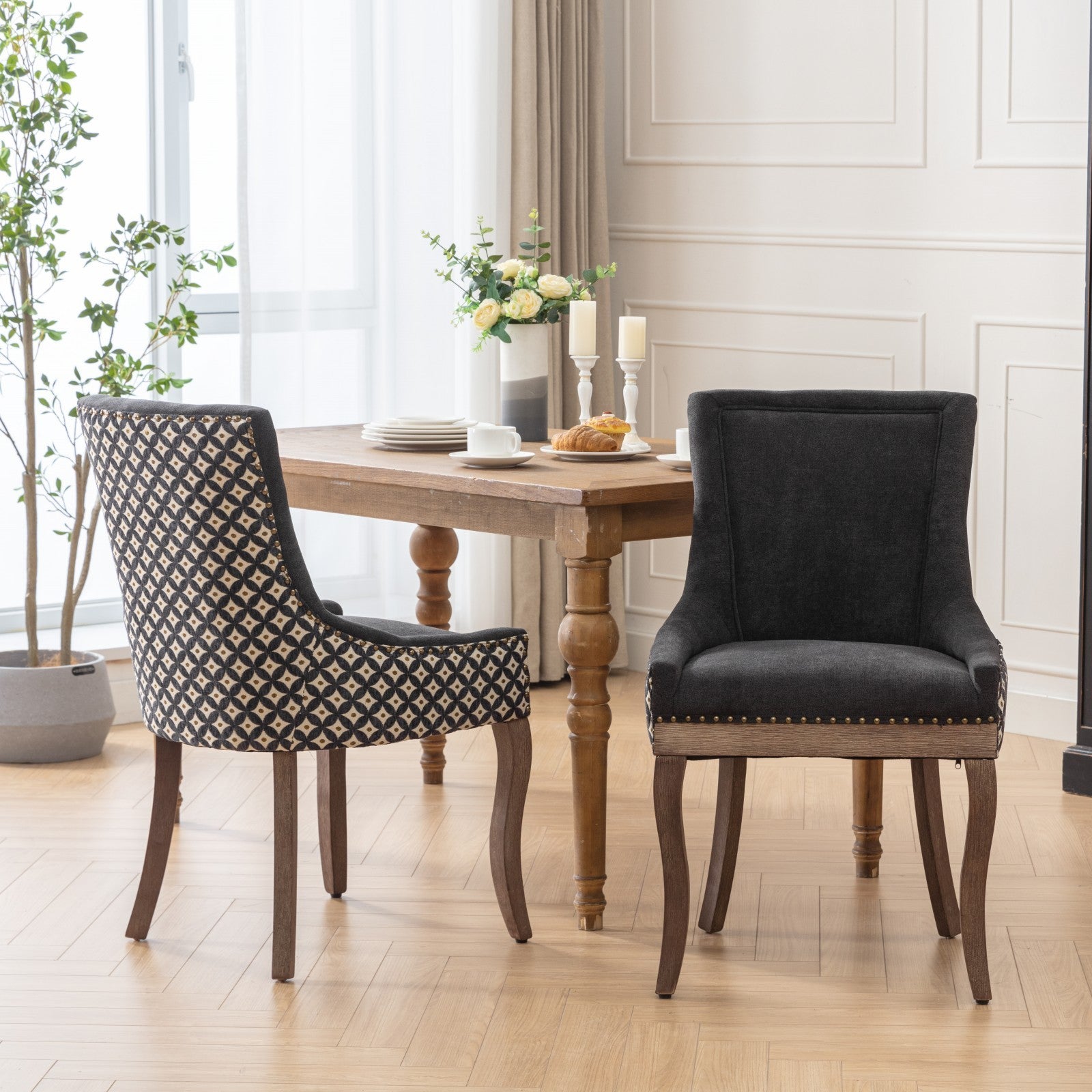 Ultra Side Dining Chair, Thickened Fabric Chairs With Neutrally Toned Solid Wood Legs, Bronze Nail Head, Set Of 2, Blue Black Dining Room American Design Dining Chairs Rubberwood Set Of 2 Foam Fabric