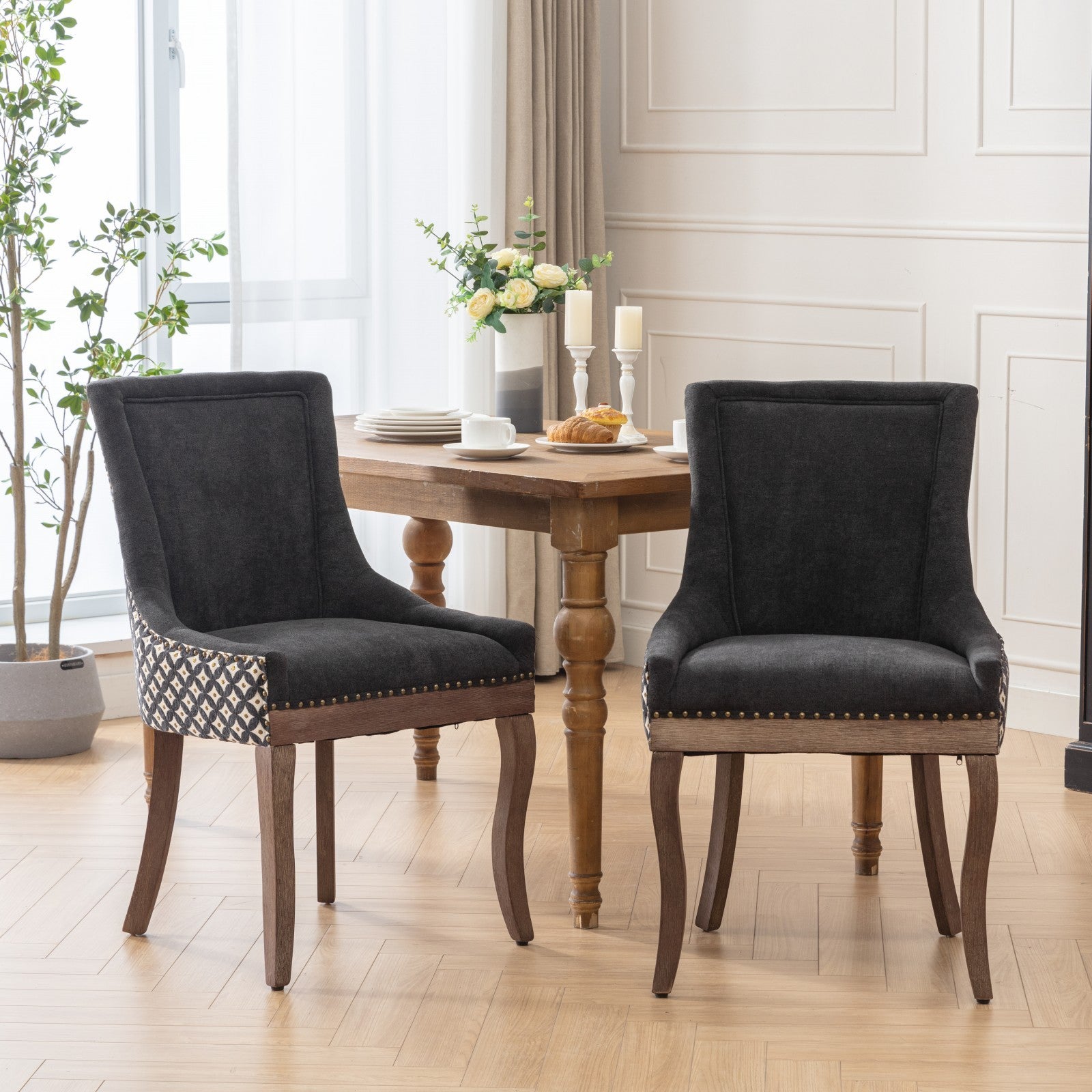 Ultra Side Dining Chair, Thickened Fabric Chairs With Neutrally Toned Solid Wood Legs, Bronze Nail Head, Set Of 2, Blue Black Dining Room American Design Dining Chairs Rubberwood Set Of 2 Foam Fabric