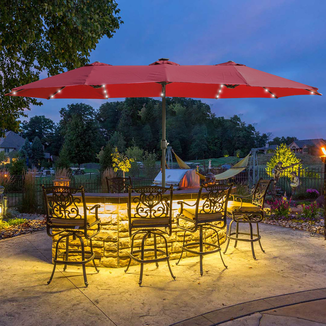 15X9Ft Large Double Sided Rectangular Outdoor Twin Patio Market Umbrella With Light And Base Red Red Metal