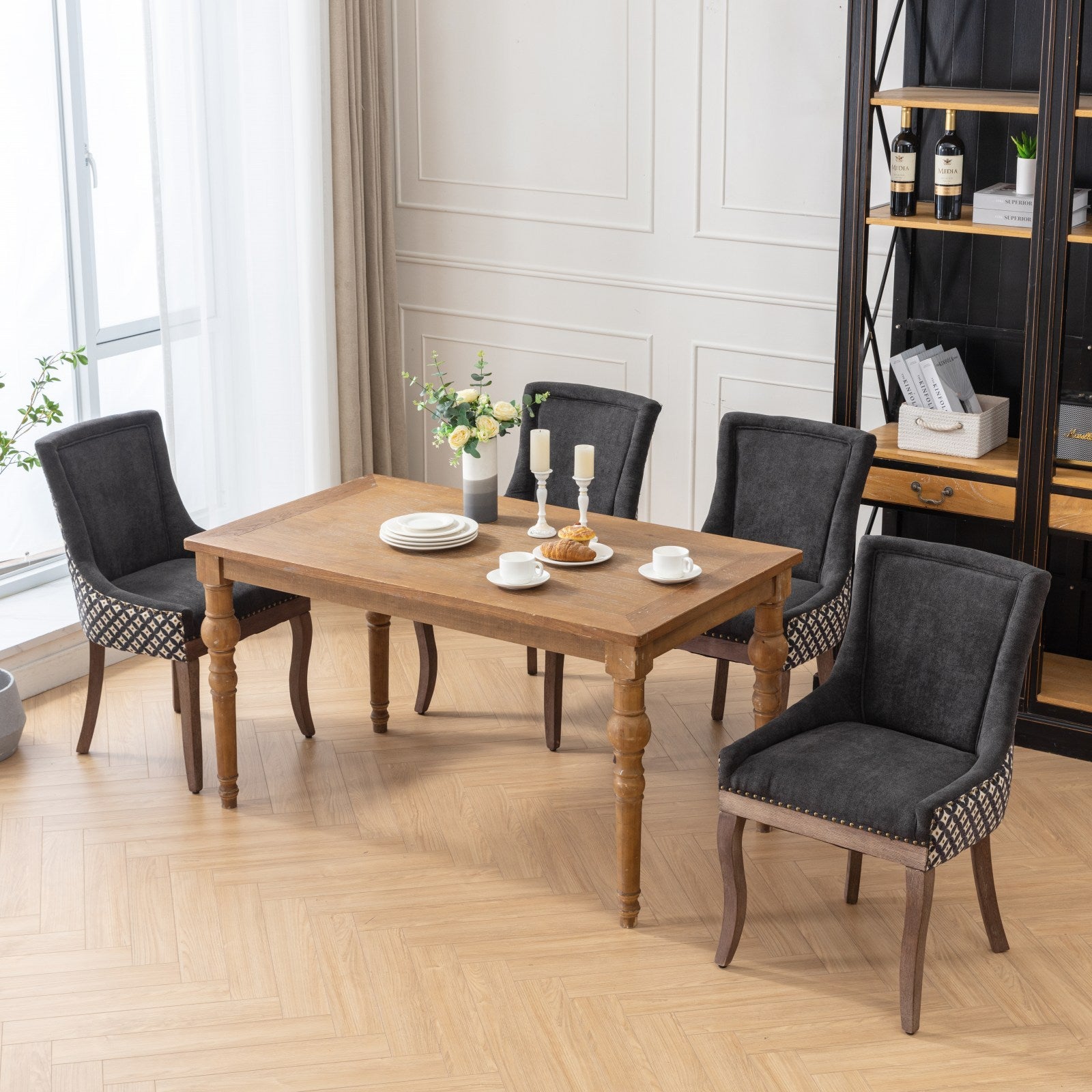 Ultra Side Dining Chair, Thickened Fabric Chairs With Neutrally Toned Solid Wood Legs, Bronze Nail Head, Set Of 2, Blue Black Dining Room American Design Dining Chairs Rubberwood Set Of 2 Foam Fabric