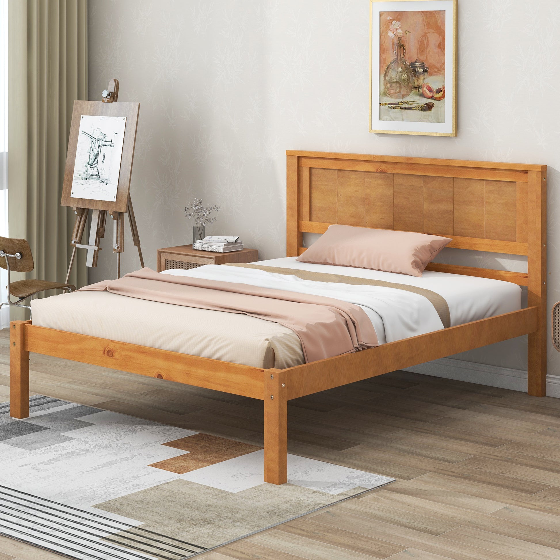 Platform Bed Frame With Headboardwood Slat Supportno Box Spring Needed ,Twin,Oak Twin Oak Wood Pine
