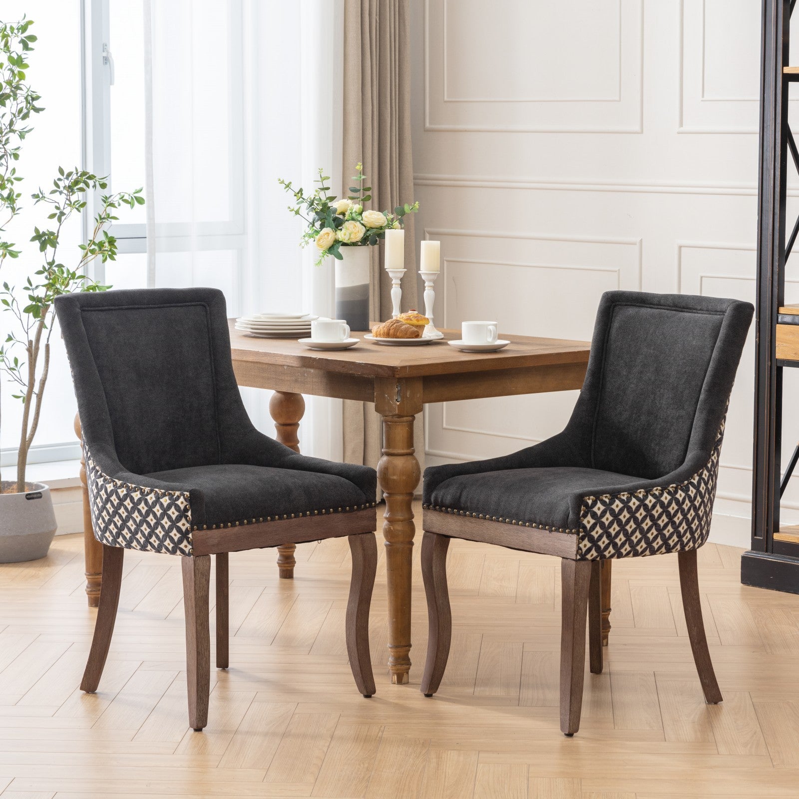 Ultra Side Dining Chair, Thickened Fabric Chairs With Neutrally Toned Solid Wood Legs, Bronze Nail Head, Set Of 2, Blue Black Dining Room American Design Dining Chairs Rubberwood Set Of 2 Foam Fabric