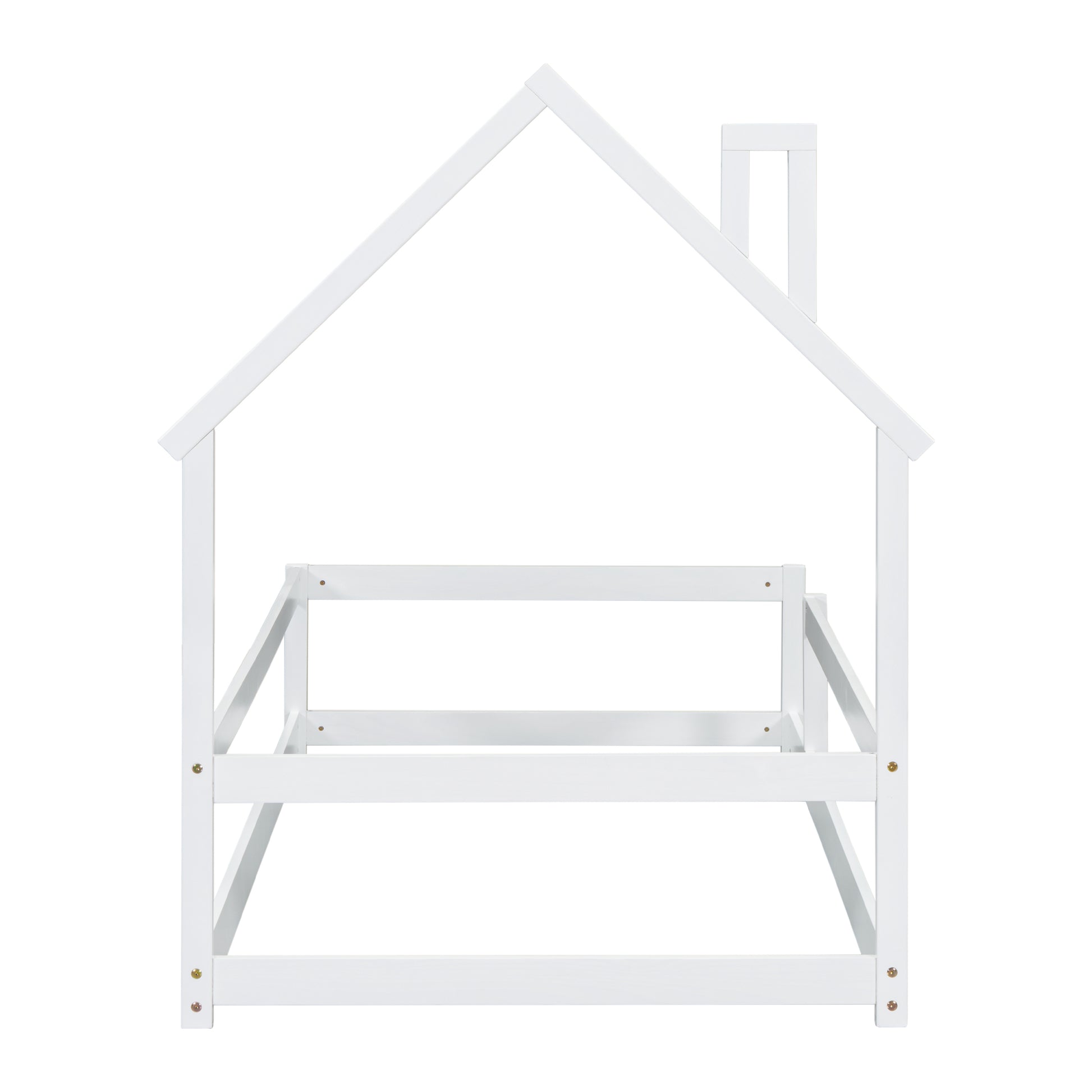 Twin Size Wood Bed With House Shaped Headboard Floor Bed With Fences,White Twin White Wood Bedroom American Design Pine Pine