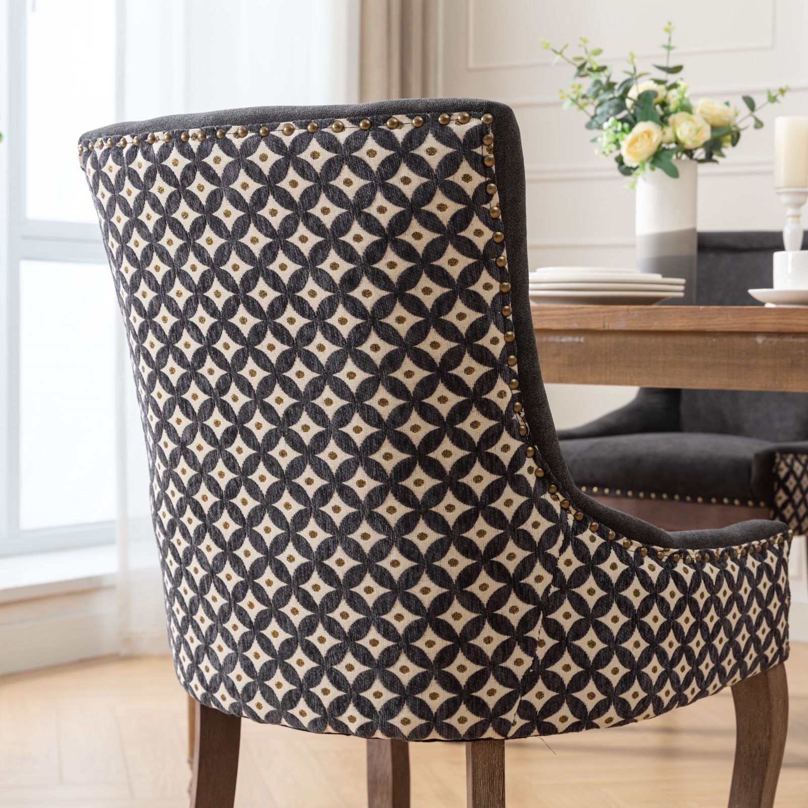 Ultra Side Dining Chair, Thickened Fabric Chairs With Neutrally Toned Solid Wood Legs, Bronze Nail Head, Set Of 2, Blue Black Dining Room American Design Dining Chairs Rubberwood Set Of 2 Foam Fabric