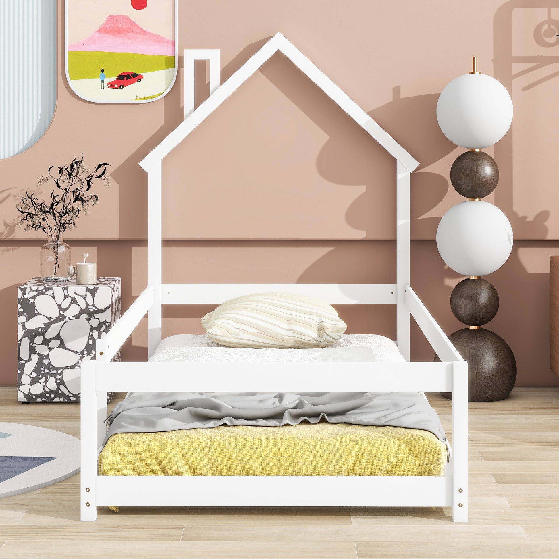 Twin Size Wood Bed With House Shaped Headboard Floor Bed With Fences,White Twin White Wood Bedroom American Design Pine Pine