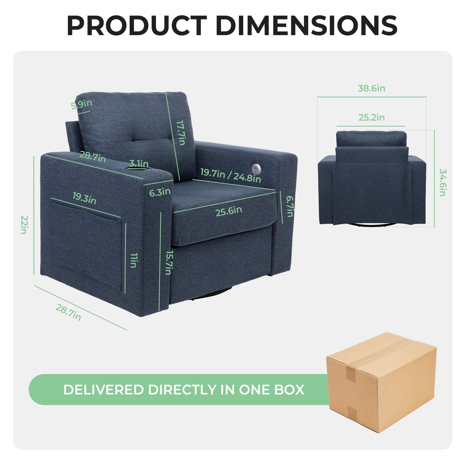 Modern Swivel Accent Sofa Chairergonomic Casual 90 Degree Swivel Single Sofa Seat With Drink Holder Living Room Chair ,Soft Egyptian Velvet Sofa Chair Blue Brown Wood Primary Living Space Delicate Duty Pine 1 Seat Blue Linen Soft Cushion Back Art