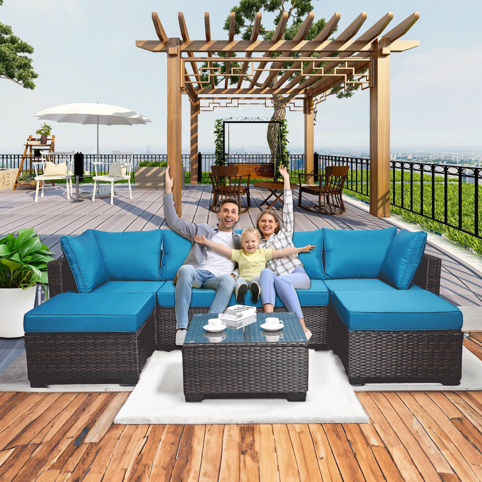 Outdoor Garden Patio Furniture 7 Piece Pe Rattan Wicker Cushioned Sofa Sets And Coffee Table, Patio Furniture Set Outdoor Couch Outdoor Couch Patio Furniture Outdoor Sofa Patio Couch Yes Complete Patio Set Brown Blue Rust Resistant Frame Water Resistant