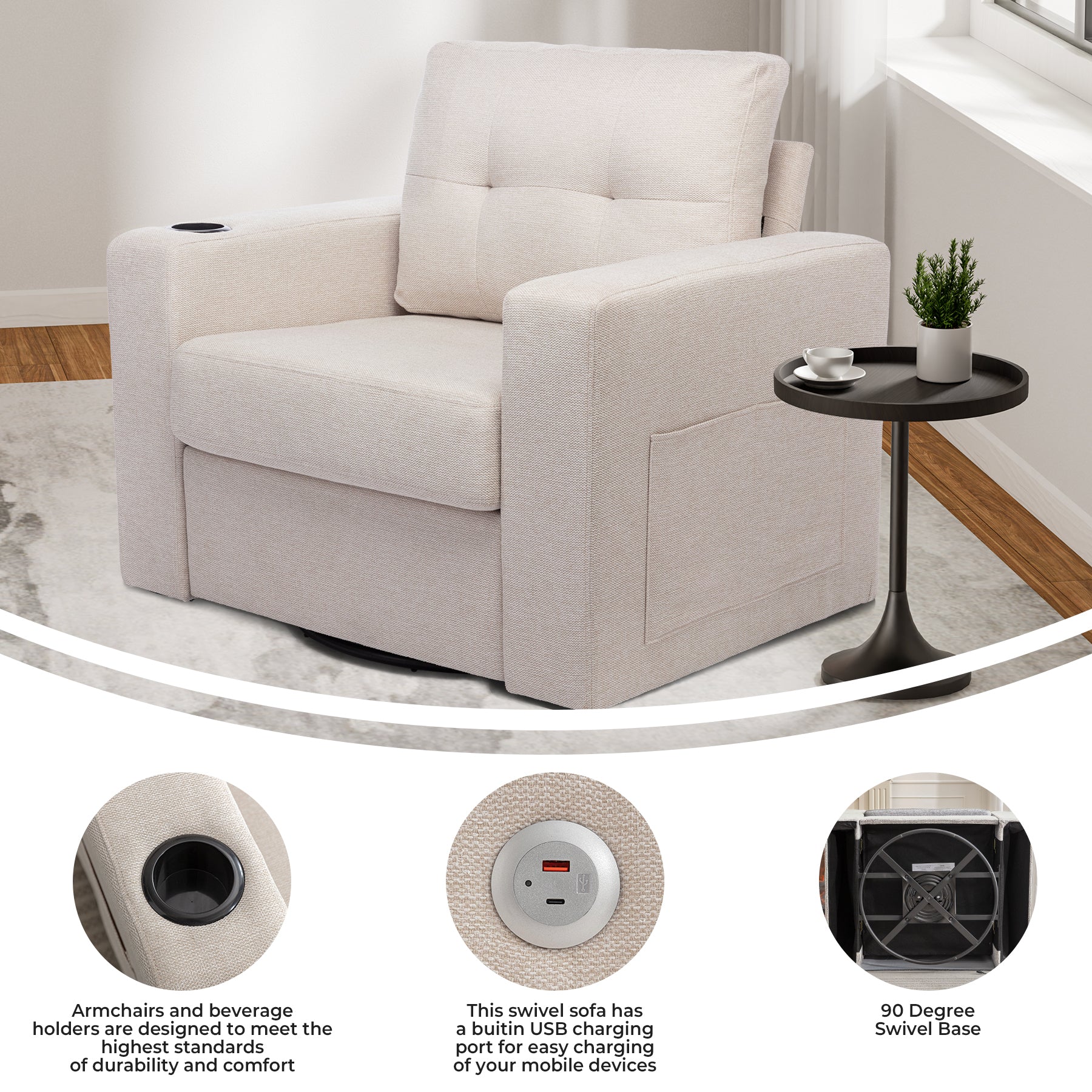 Modern Swivel Accent Sofa Chair, Ergonomic Casual 90 Degree Swivel Single Sofa Seat With Drink Holder Living Room Chair ,Soft Egyptian Velvet Sofa Chair White Brown Wood Primary Living Space Delicate Duty Pine 1 Seat White Linen Soft Cushion Back Art