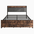 Queen Size Bed Frame, Storage Headboard With Charging Station And 2 Drawers, Solid And Stable, Noise Free, No Box Spring Needed, Easy Assembly, Vintage Brown And Gray Box Spring Not Required Queen Black Iron Brown Bedroom Bed Frame Metal & Wood